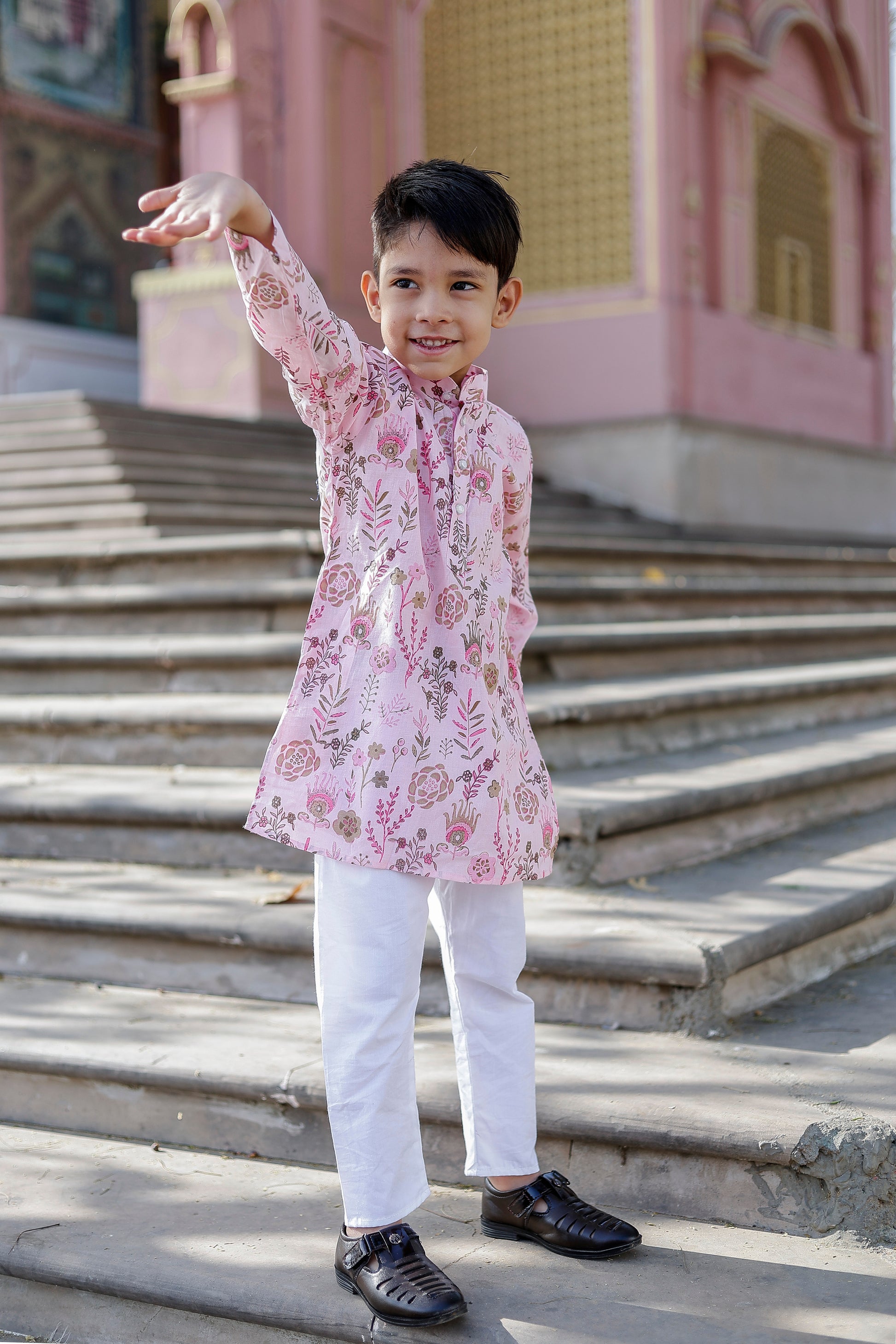 Boy Wearing Pink Floral Kurta Pajama – Festive Traditional Outfit for Kids
