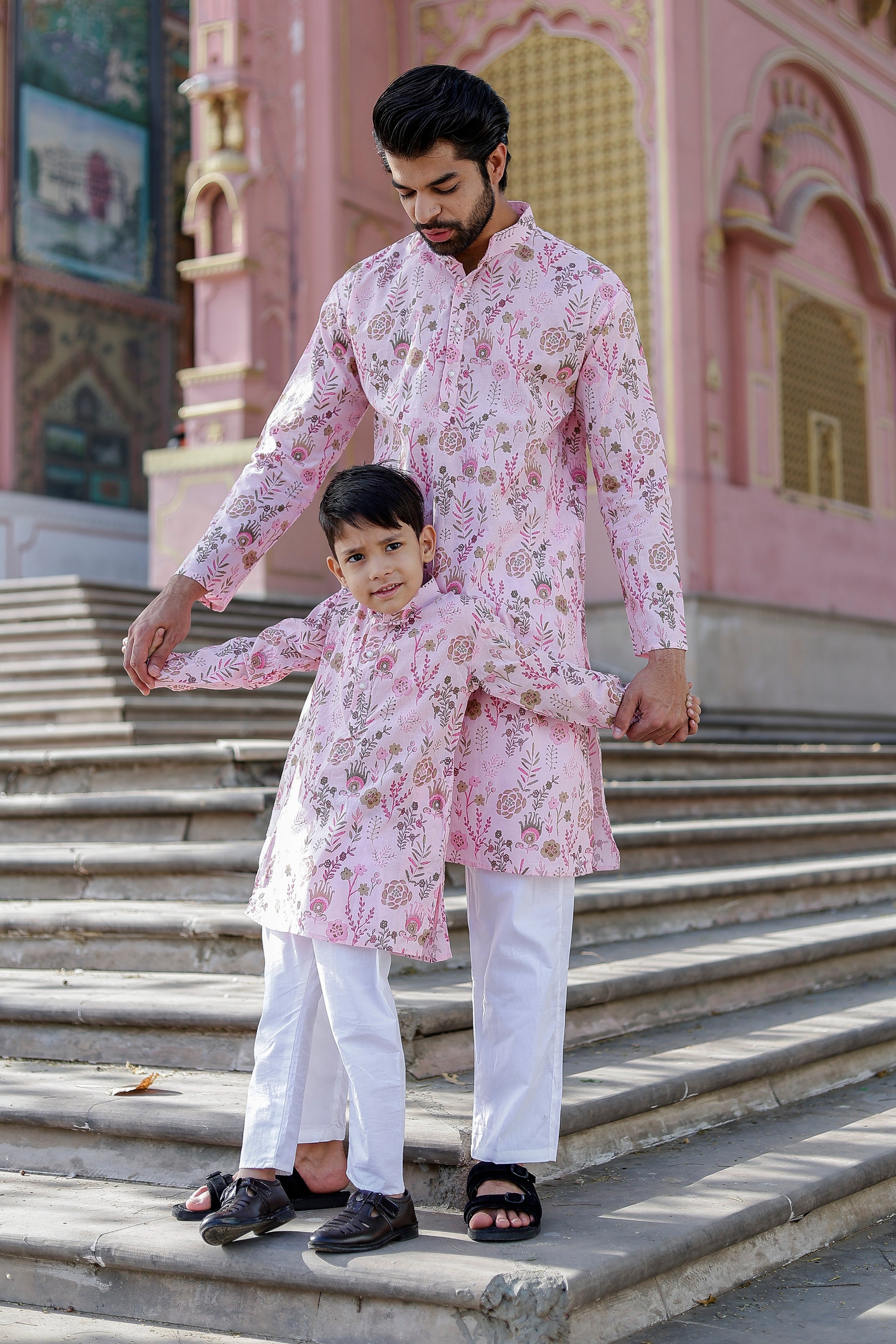 Father-Son Pink Floral Kurta Pajama Set – Matching Ethnic Outfit for Weddings & Festive Occasions