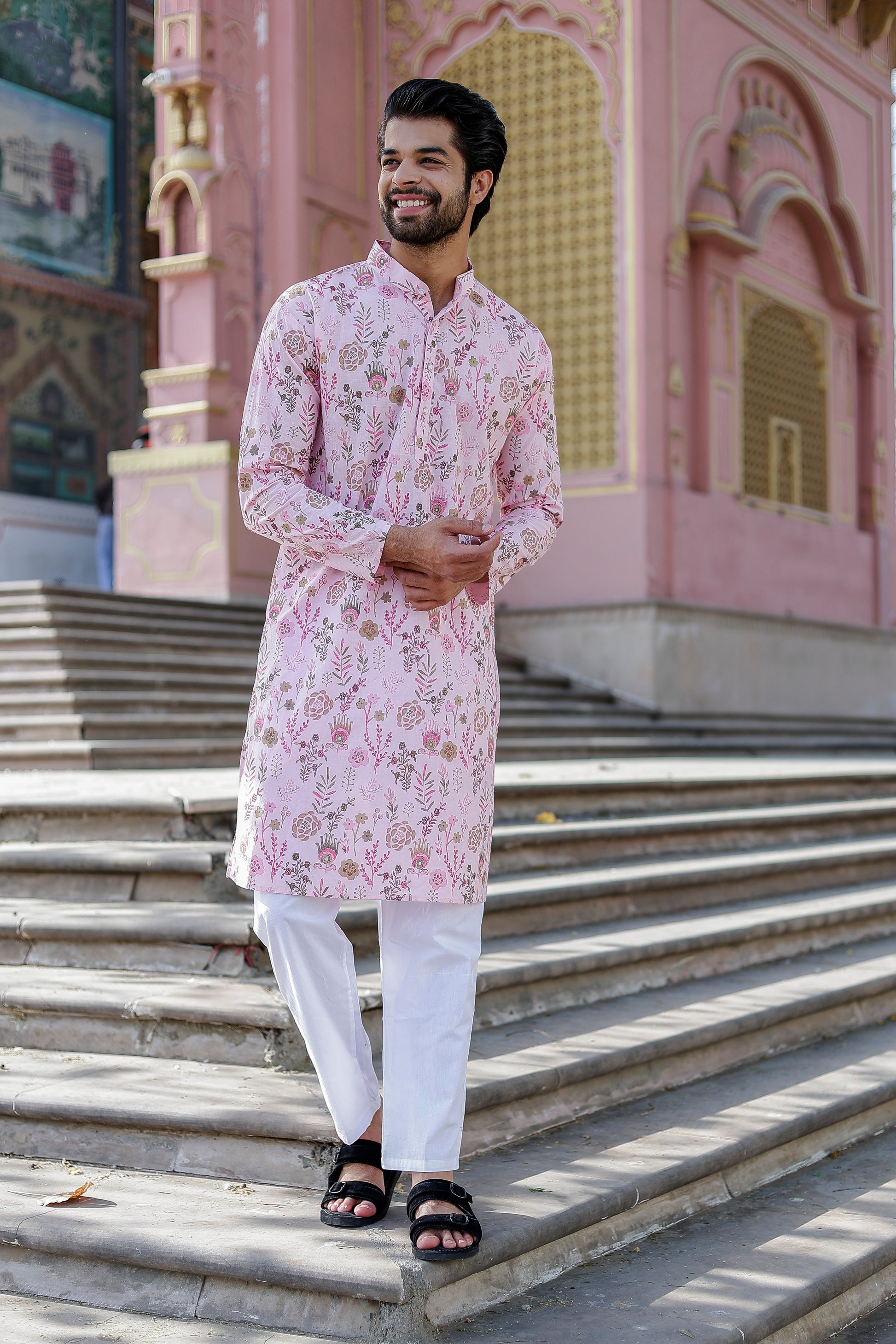 Men’s Pink Floral Kurta Pajama Set – Stylish Ethnic Wear for Weddings & Ceremonies