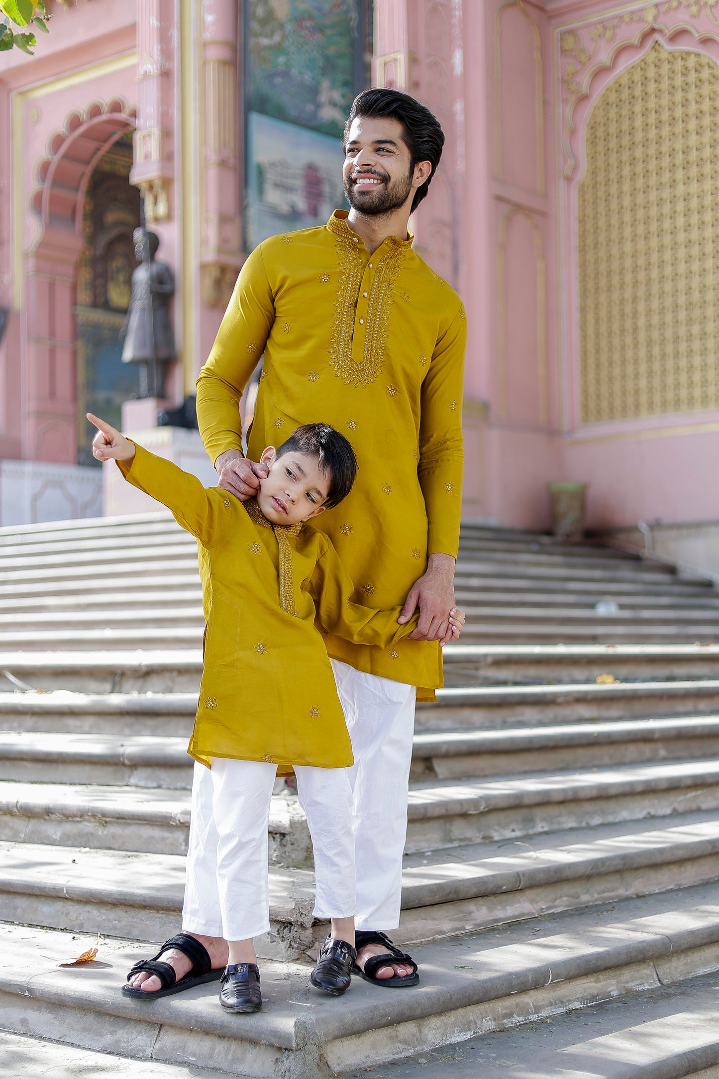 Father-Son Yellow Embroidered Kurta Pajama Combo Set