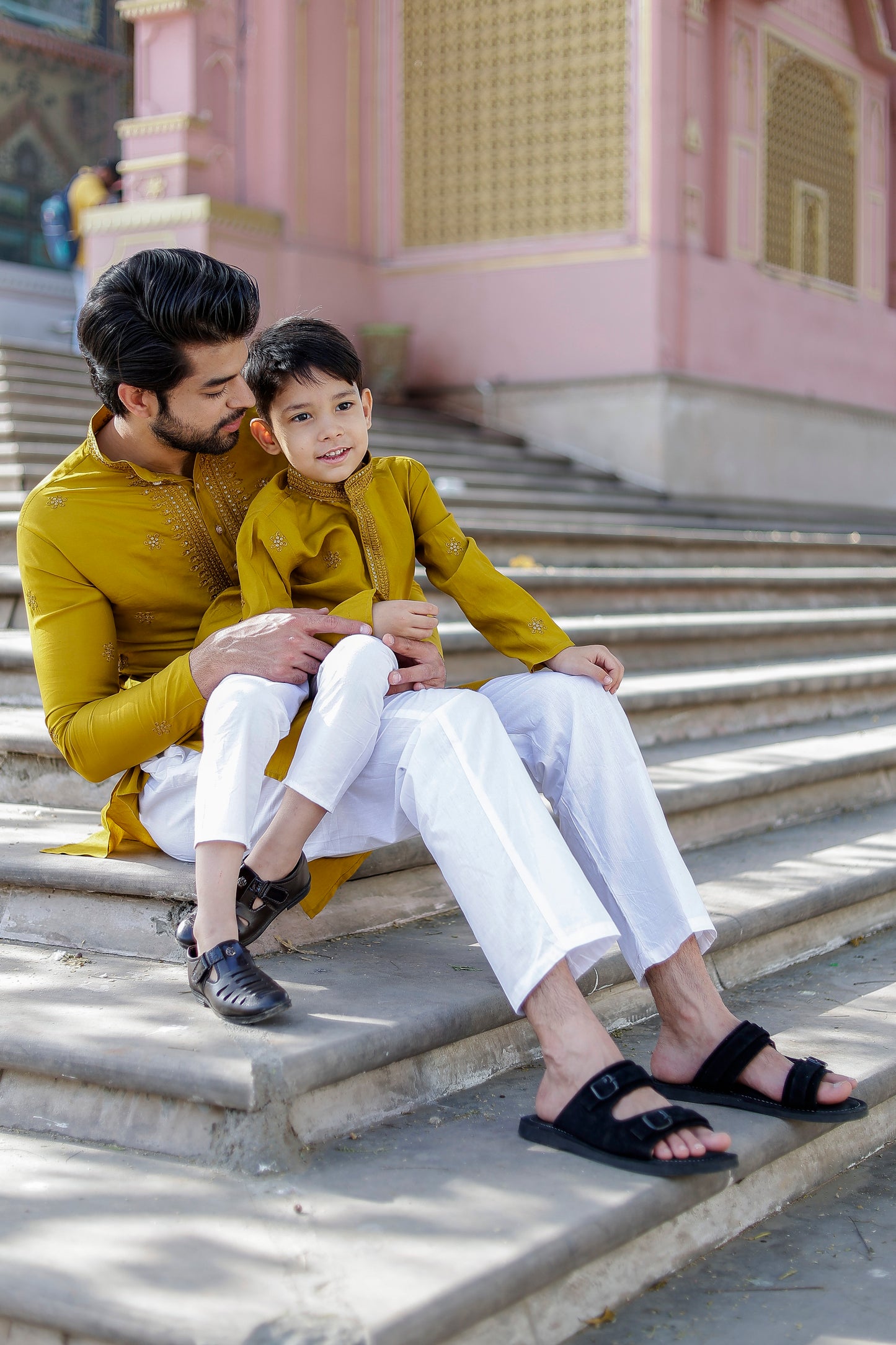 Father-Son Yellow Embroidered Kurta Pajama Combo Set