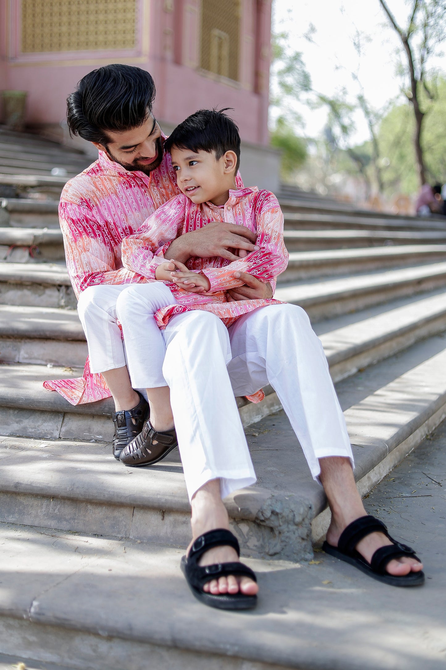“Father-Son Pink Ombre Printed Kurta Pajama Combo Set – Matching Ethnic Wear for Weddings, Diwali & Family Photoshoots”