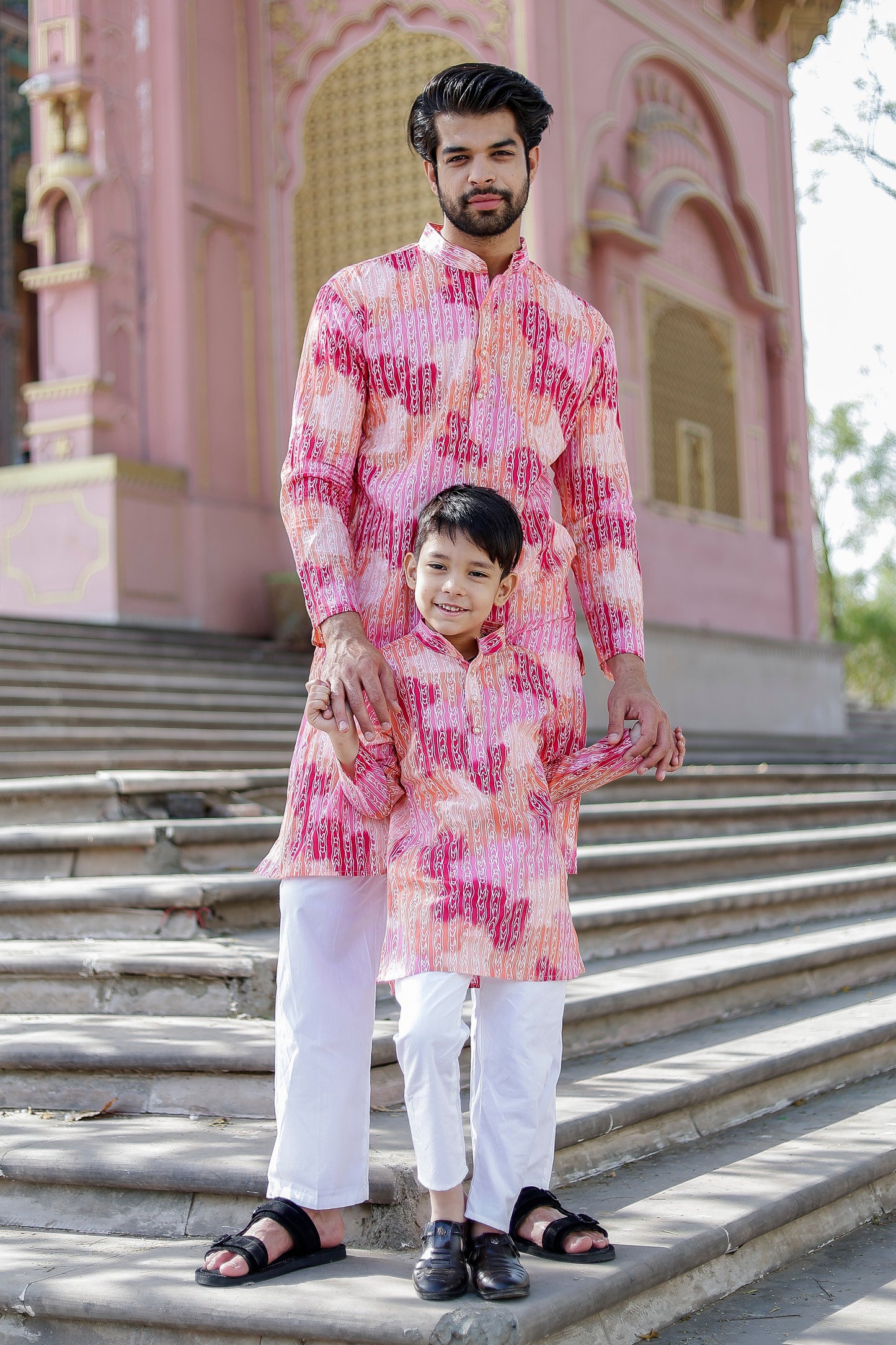 Father-Son Pink Ombre Kurta Pajama Combo Set