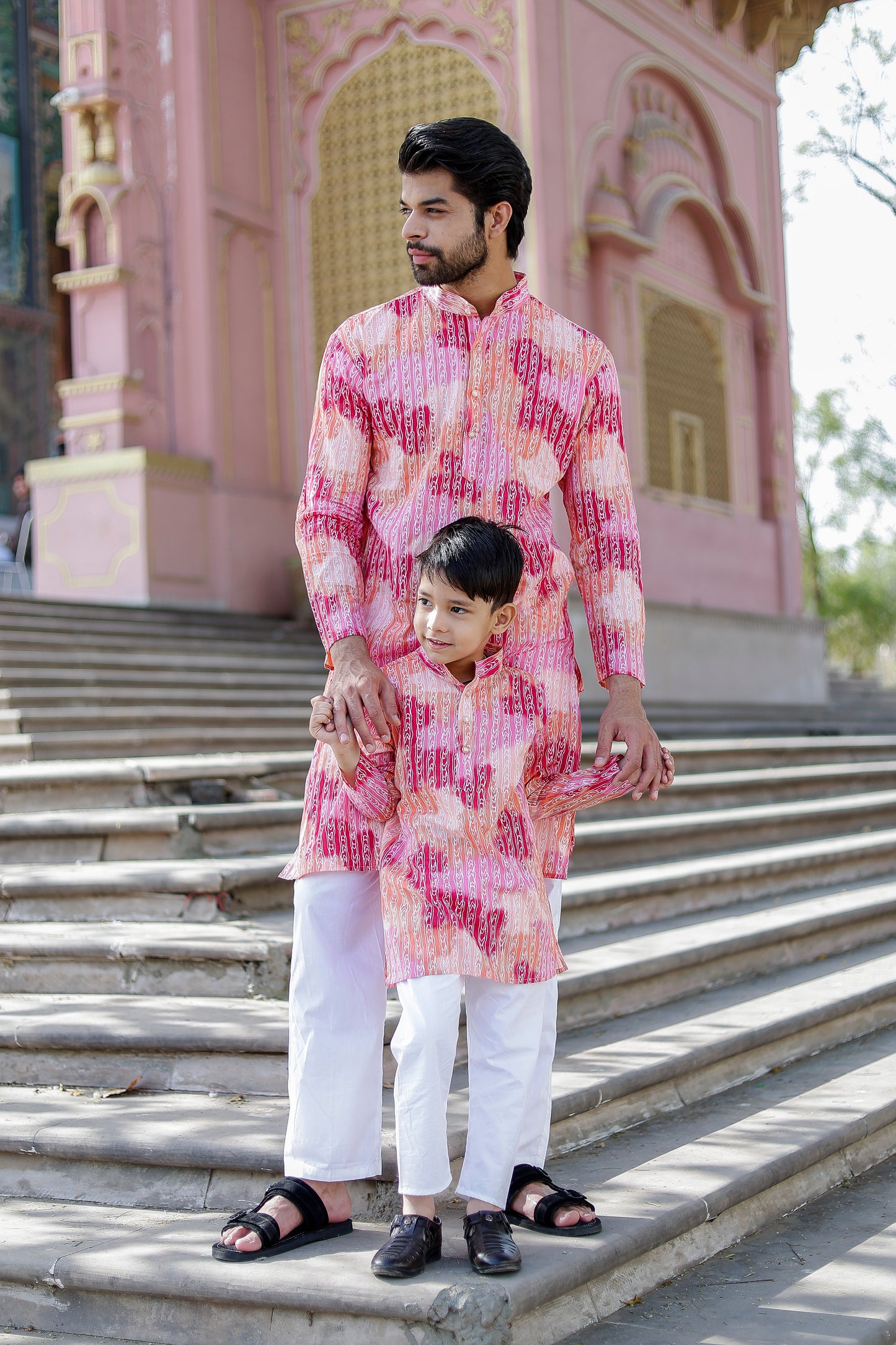 Father-Son Pink Ombre Kurta Pajama Combo Set