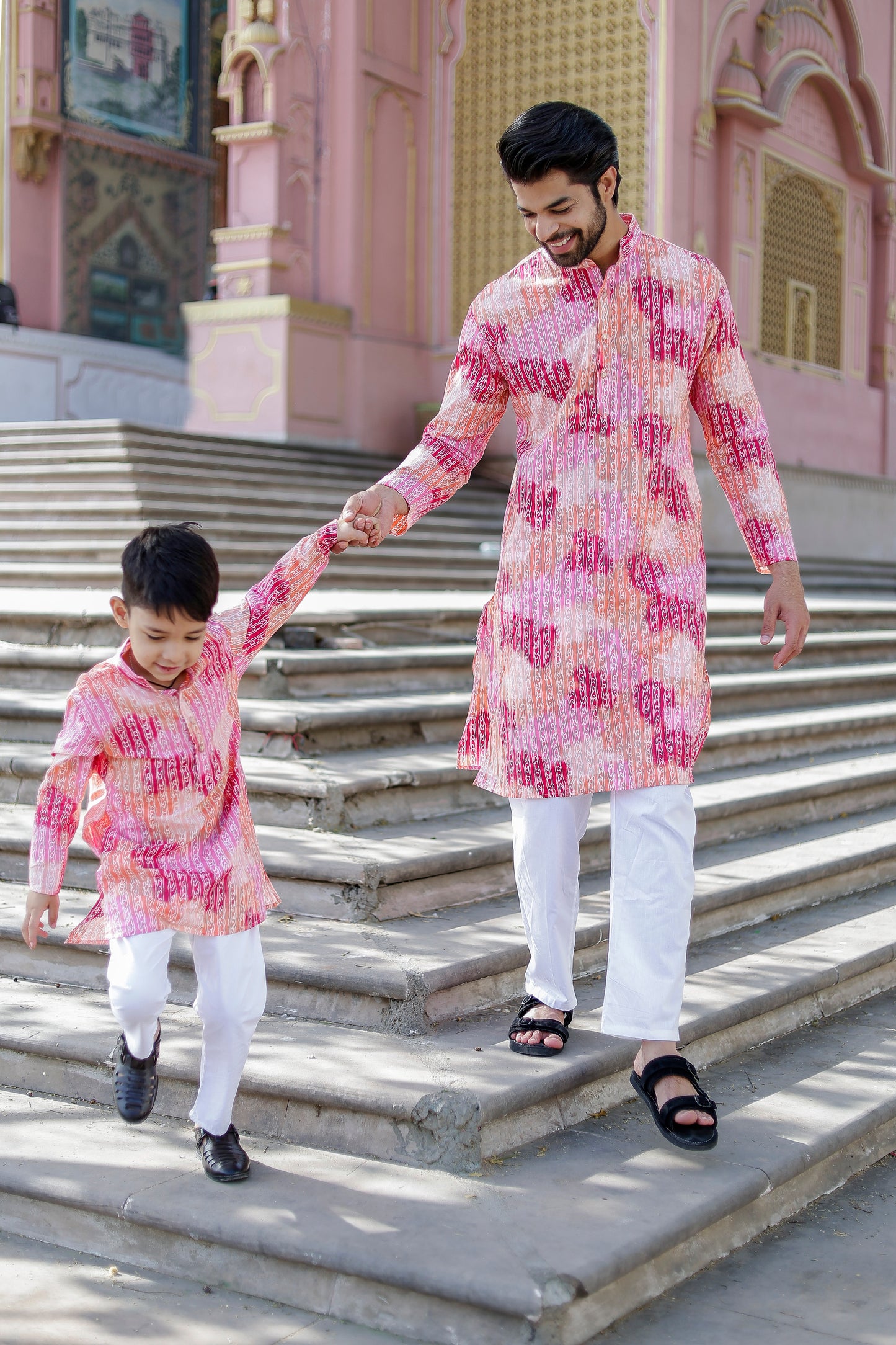 Father-Son Pink Ombre Kurta Pajama Combo Set