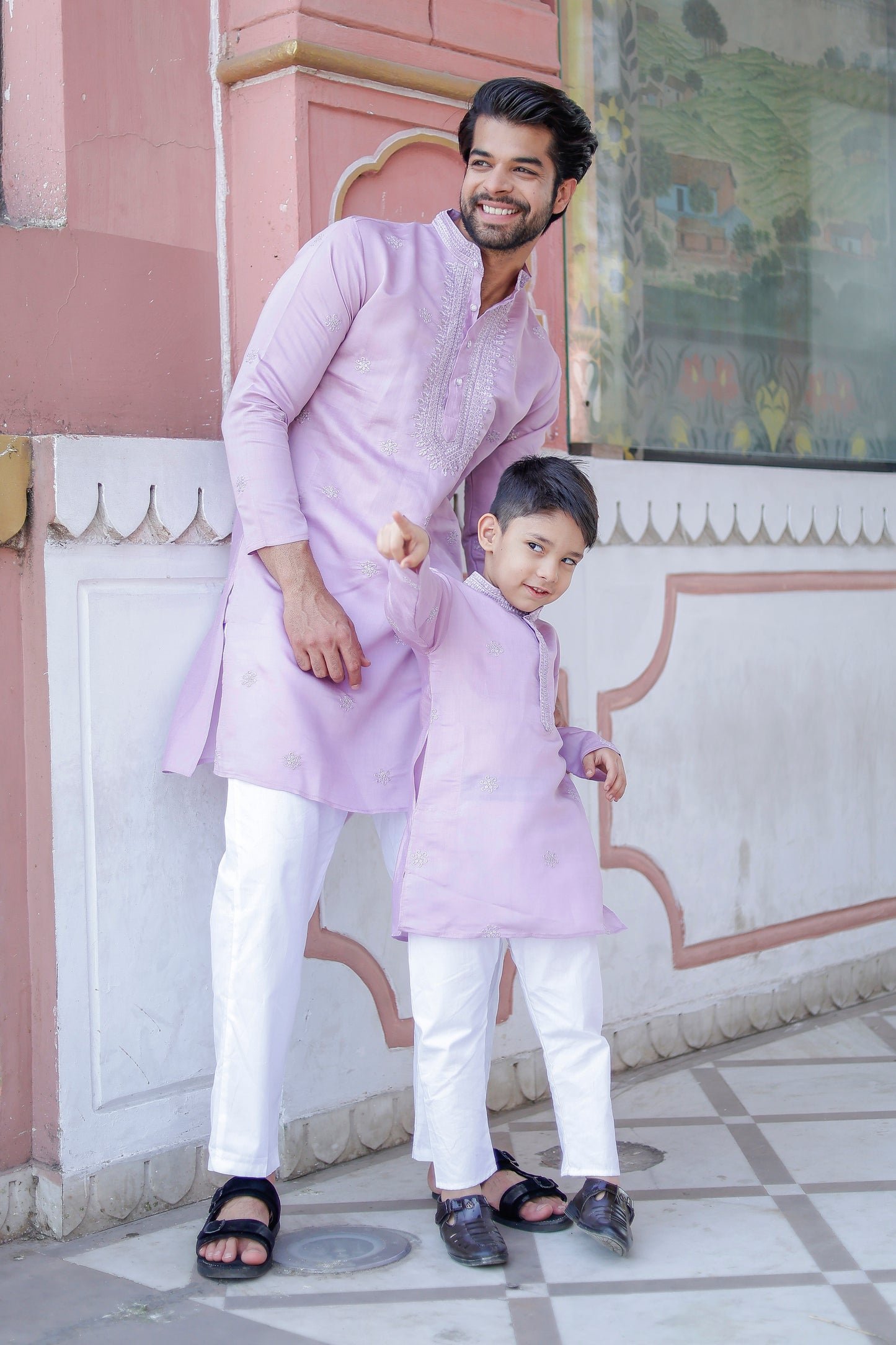 Father-Son Lavender Embroidered Kurta Pajama Combo Set
