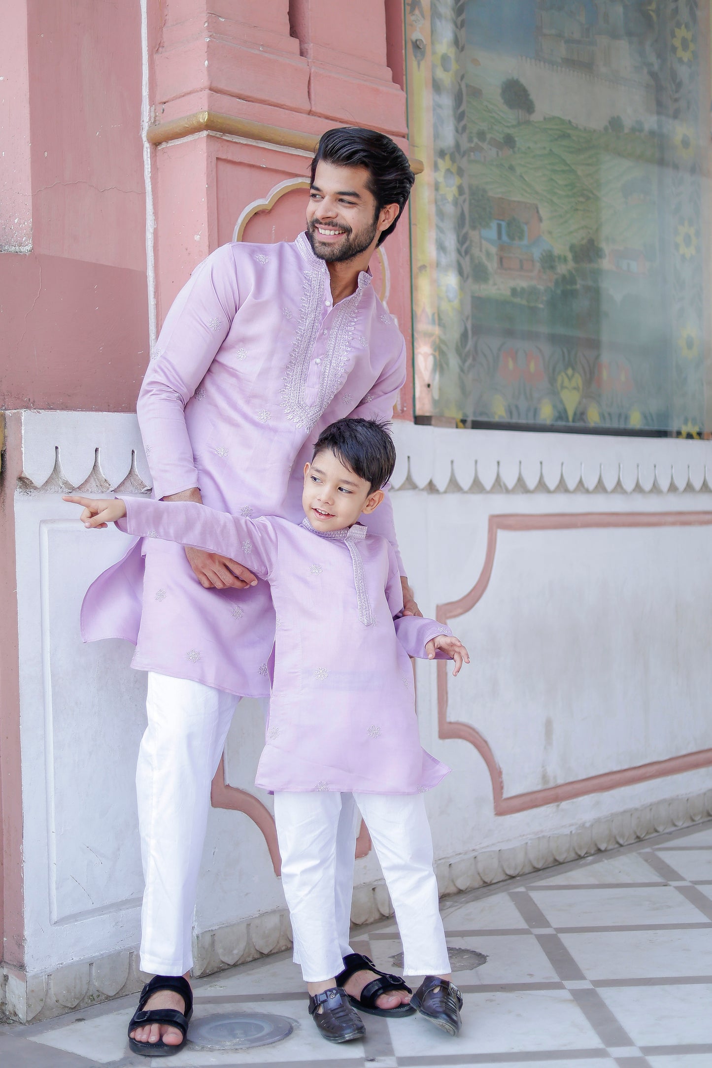 Father-Son Lavender Embroidered Kurta Pajama Combo Set