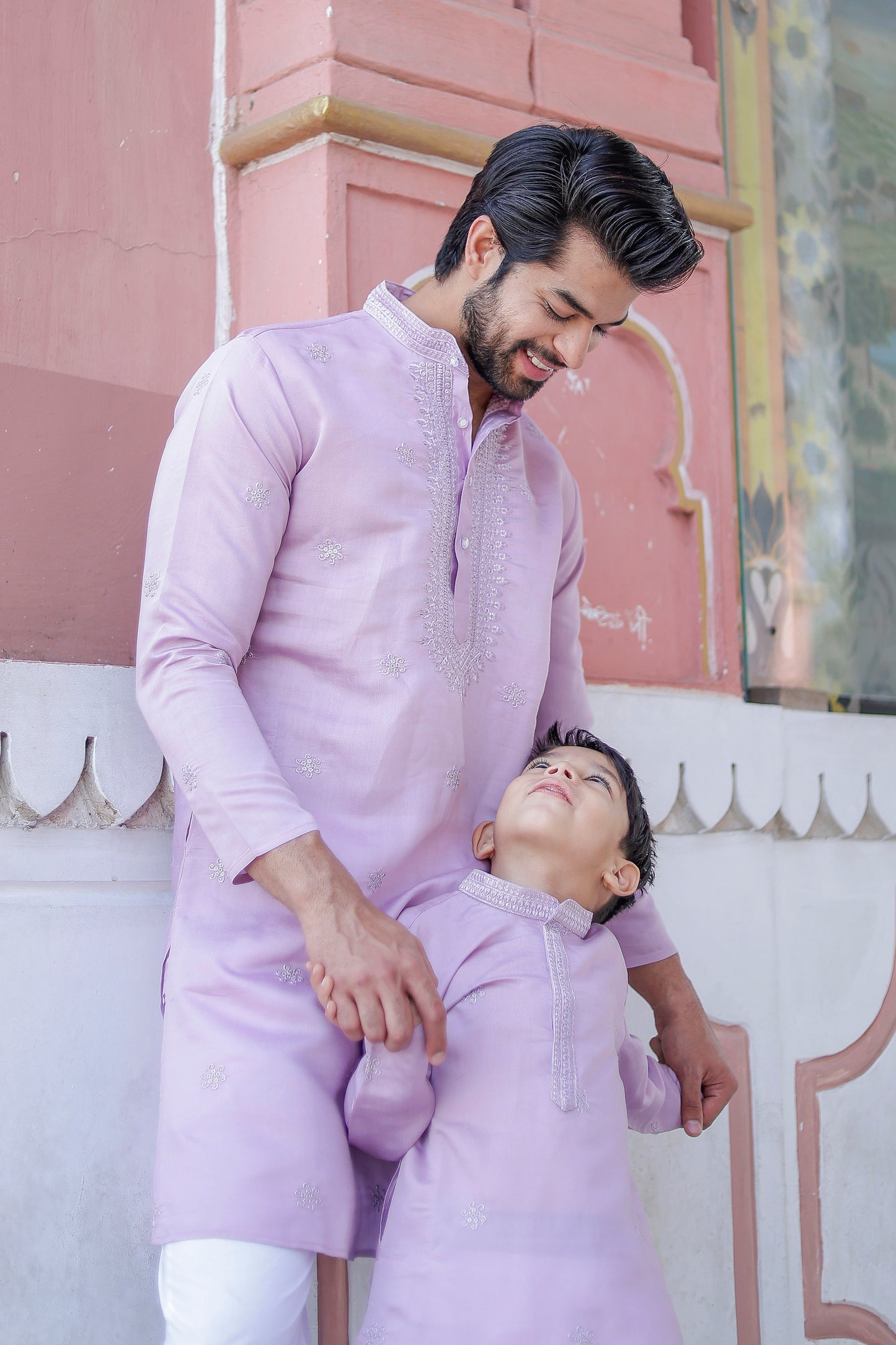 Father-Son Lavender Embroidered Kurta Pajama Combo Set