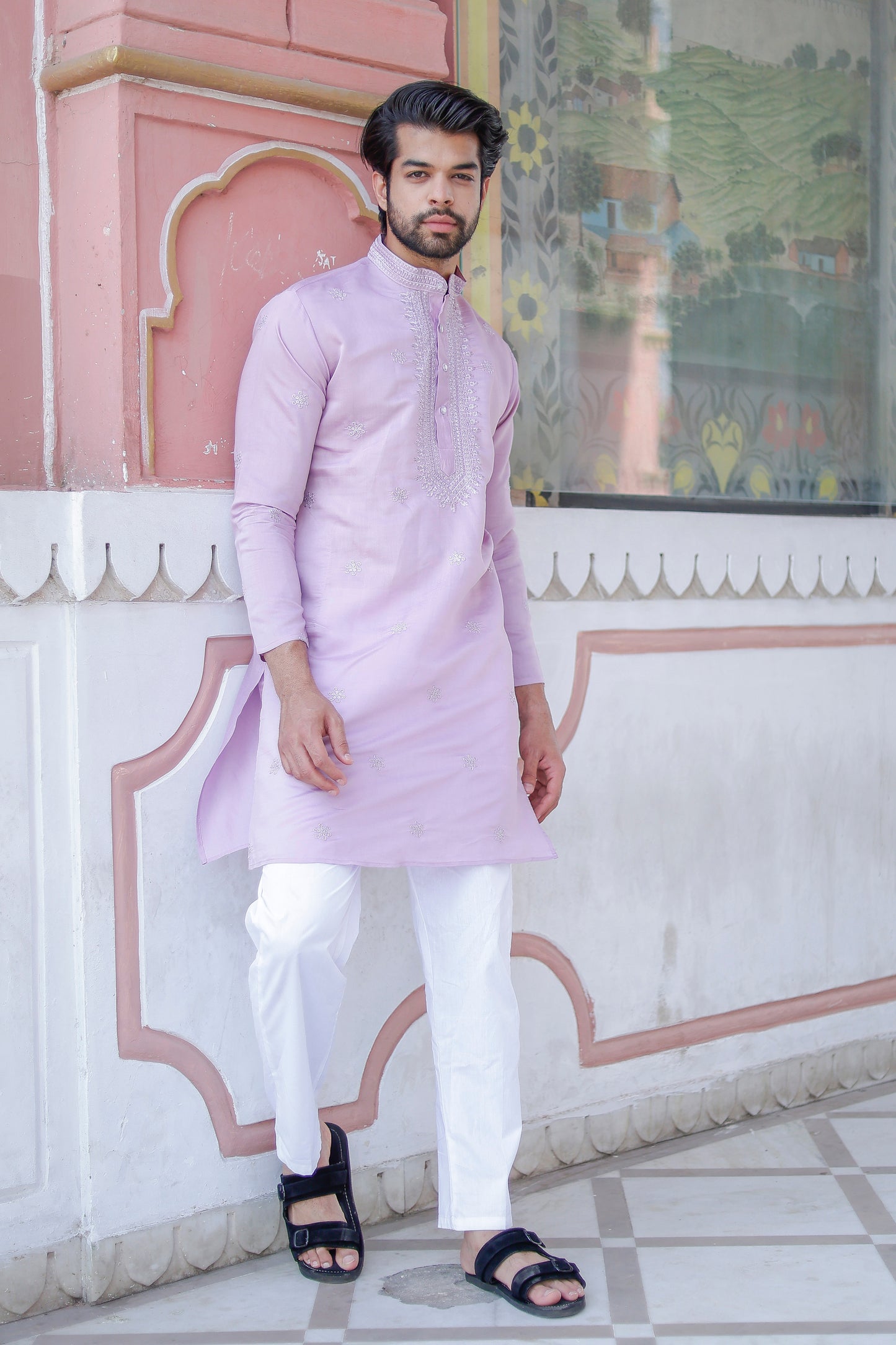 Men’s lavender embroidered kurta pajama — elegant Indian festive wear
