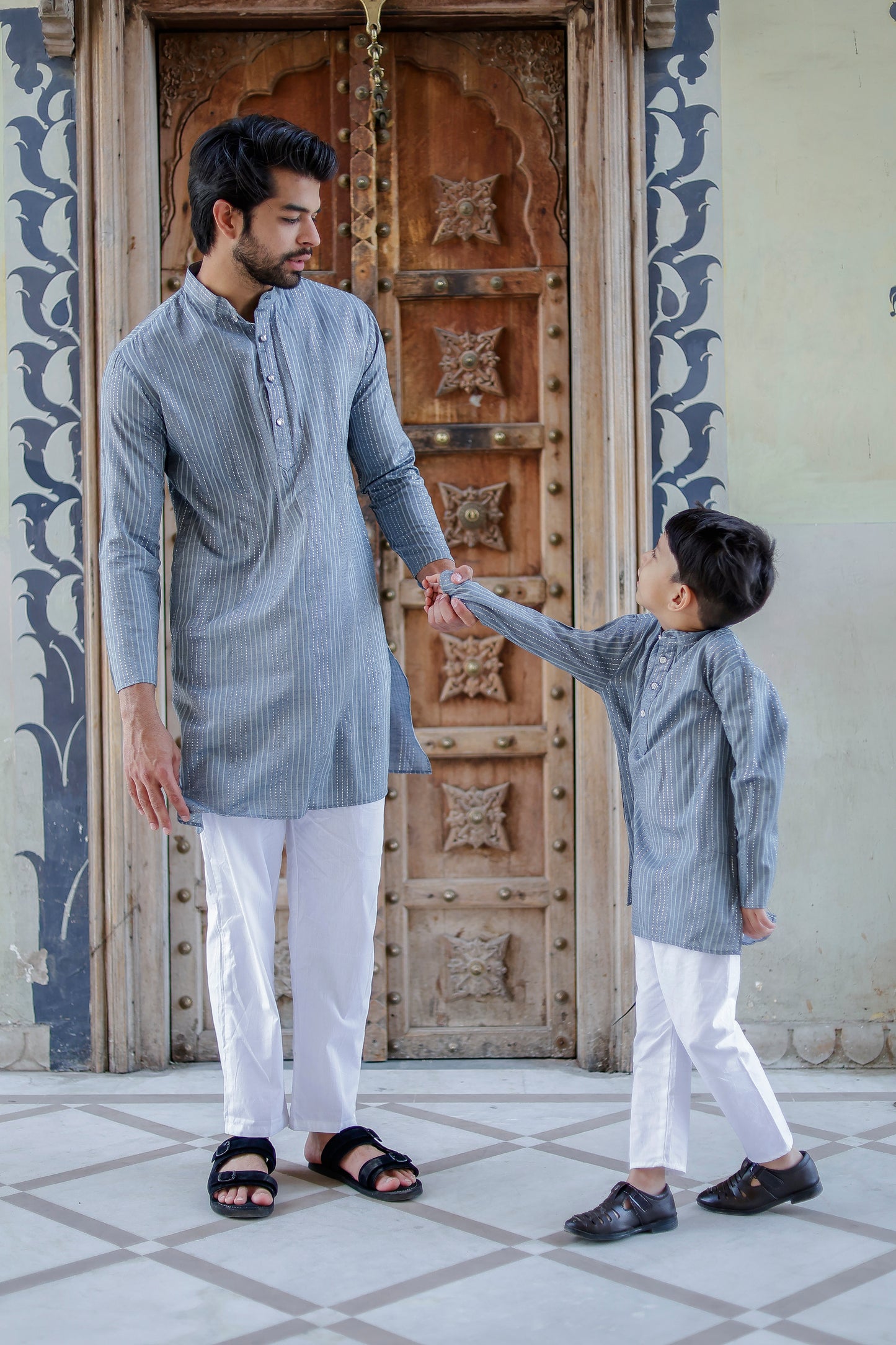 Father-Son Steel Grey Stripe Kurta Pajama Combo Set
