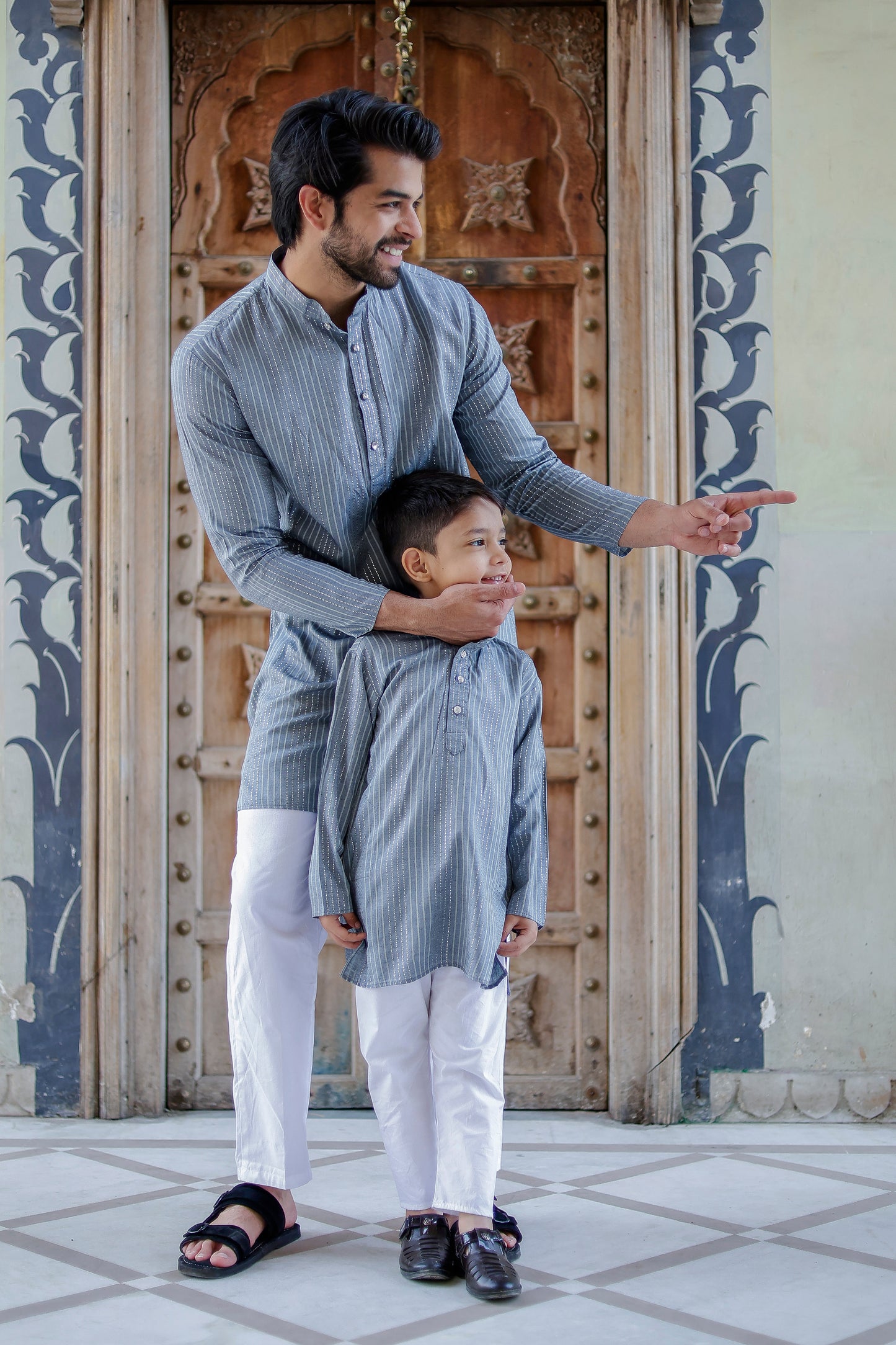 Father-Son Steel Grey Stripe Kurta Pajama Combo Set