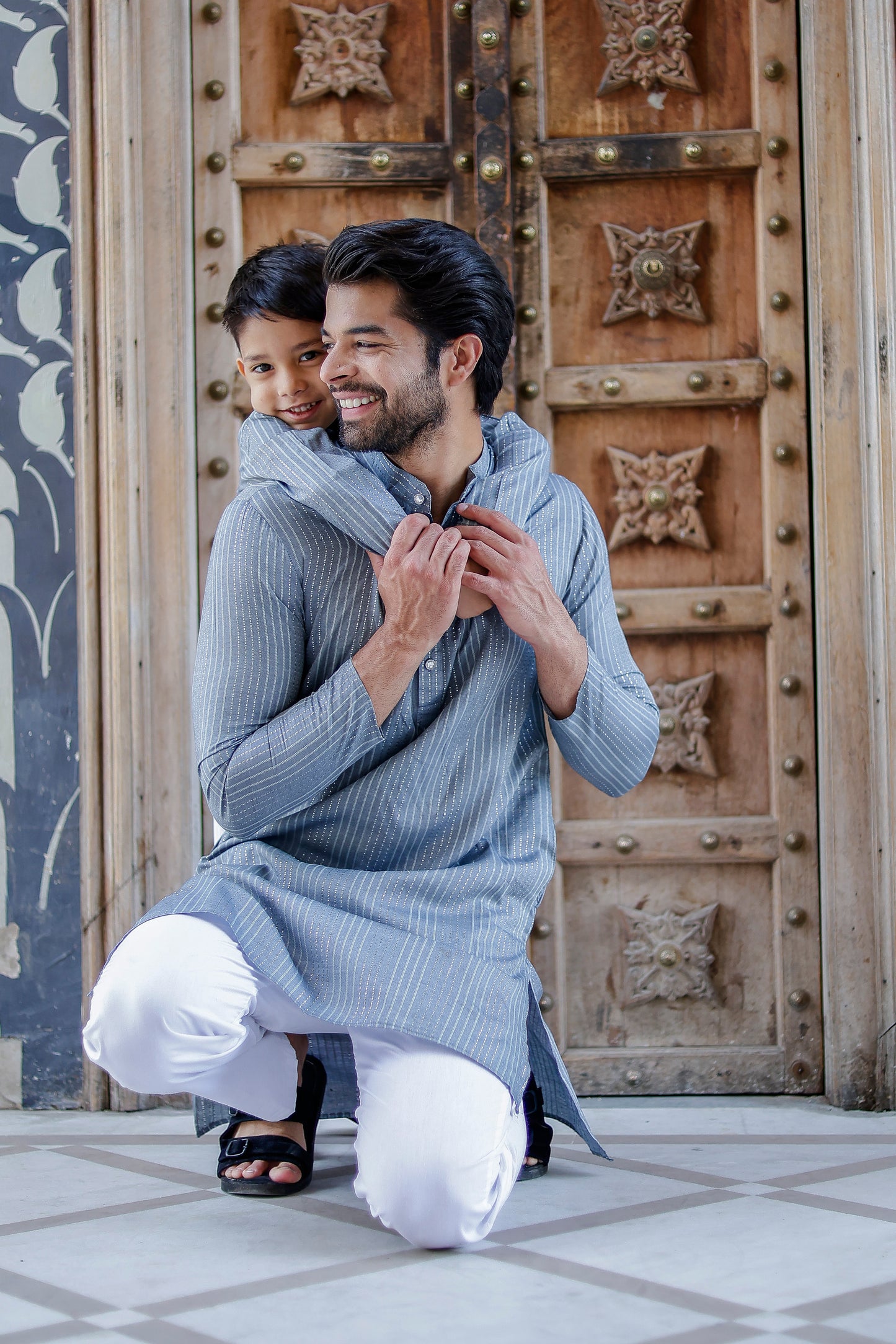 Father-Son Steel Grey Stripe Kurta Pajama Combo Set