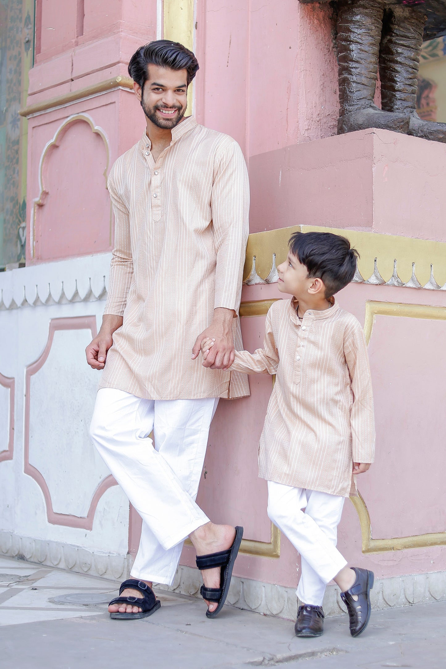 Father-Son Beige Striped Kurta Pajama Combo Set