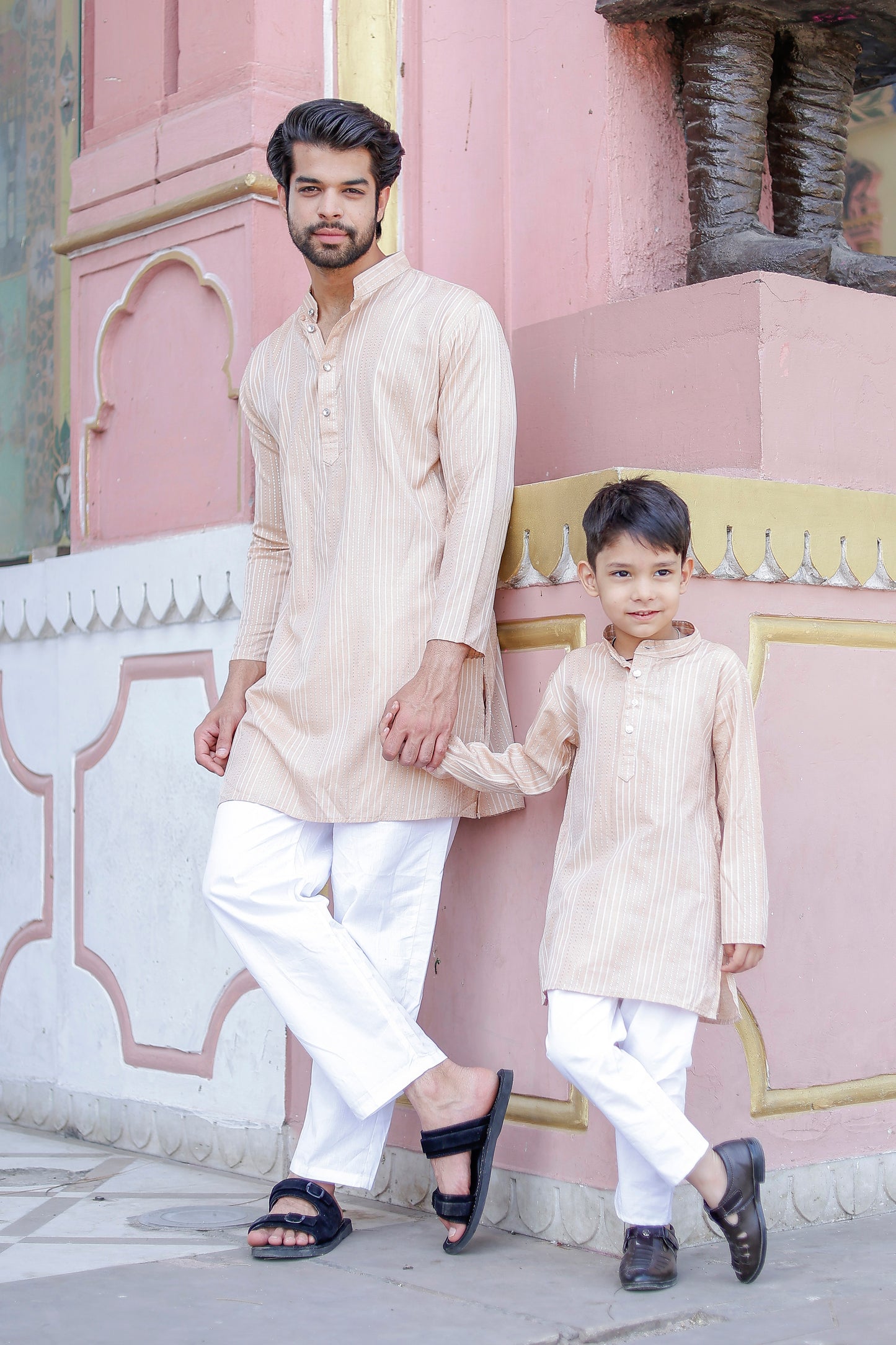 Father-Son Beige Striped Kurta Pajama Combo Set