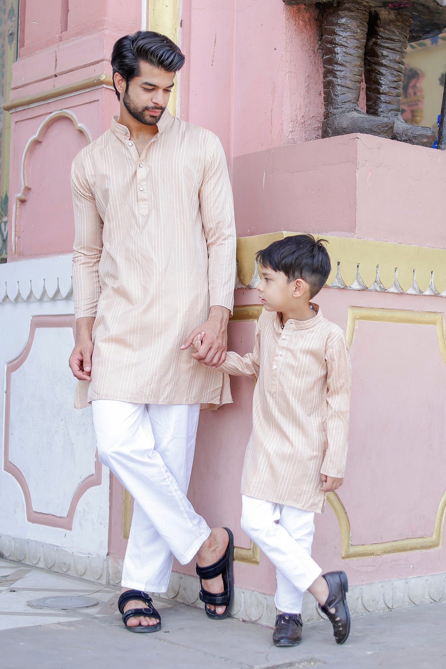 Father-Son Beige Striped Kurta Pajama Combo Set