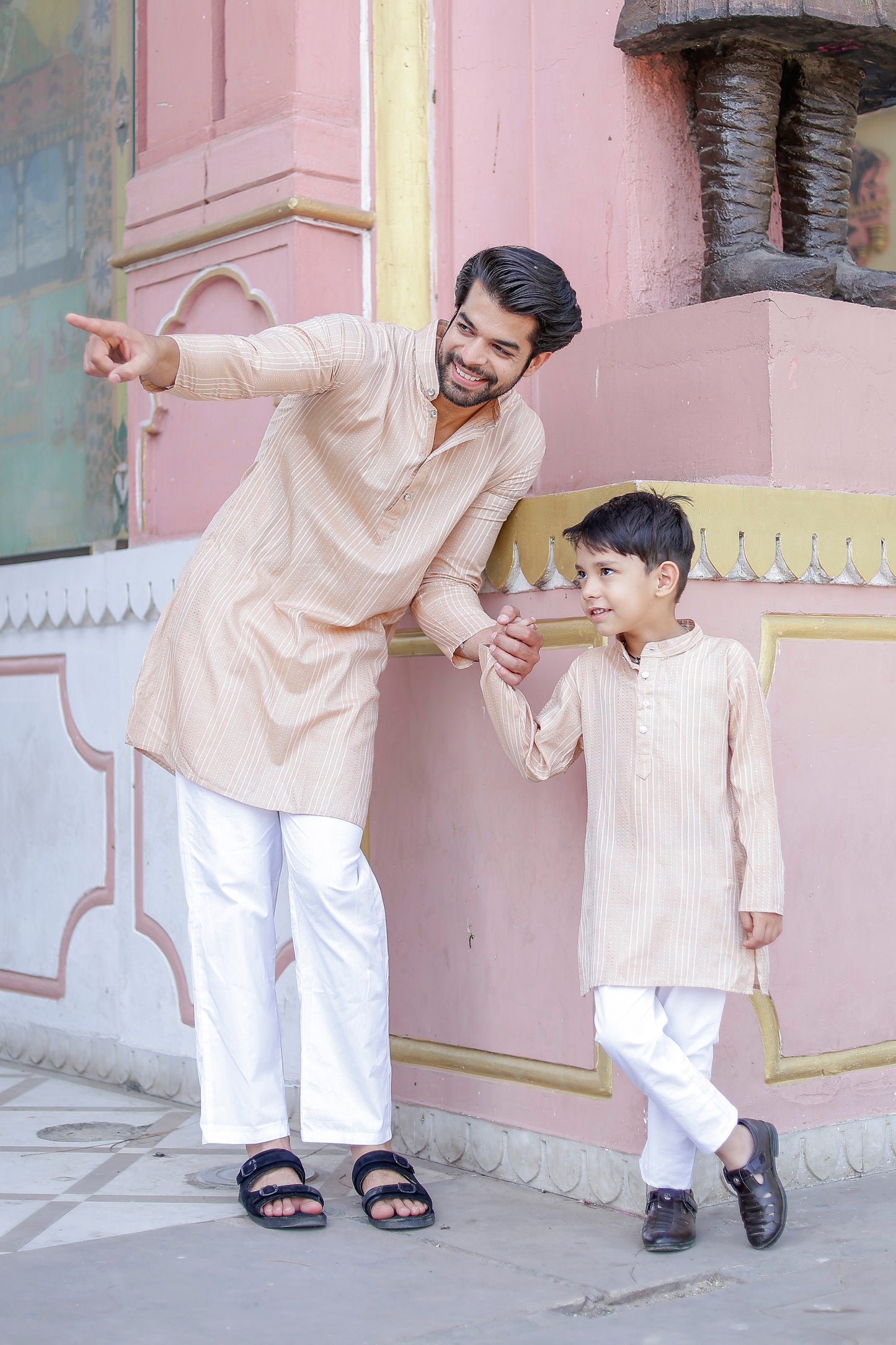 Father-Son Beige Striped Kurta Pajama Combo Set