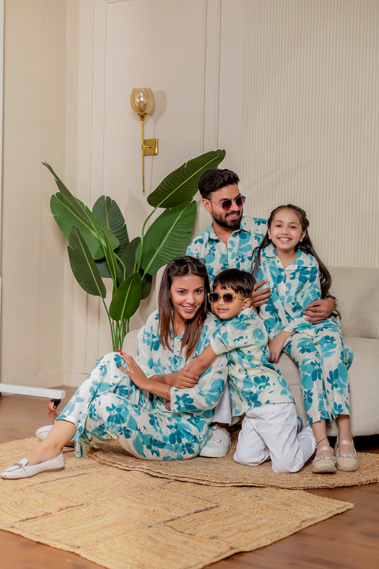 Ivory Pankhuri floral family combo – cotton co-ords and shirts for family twinning, perfect for parties, vacations & photoshoots.