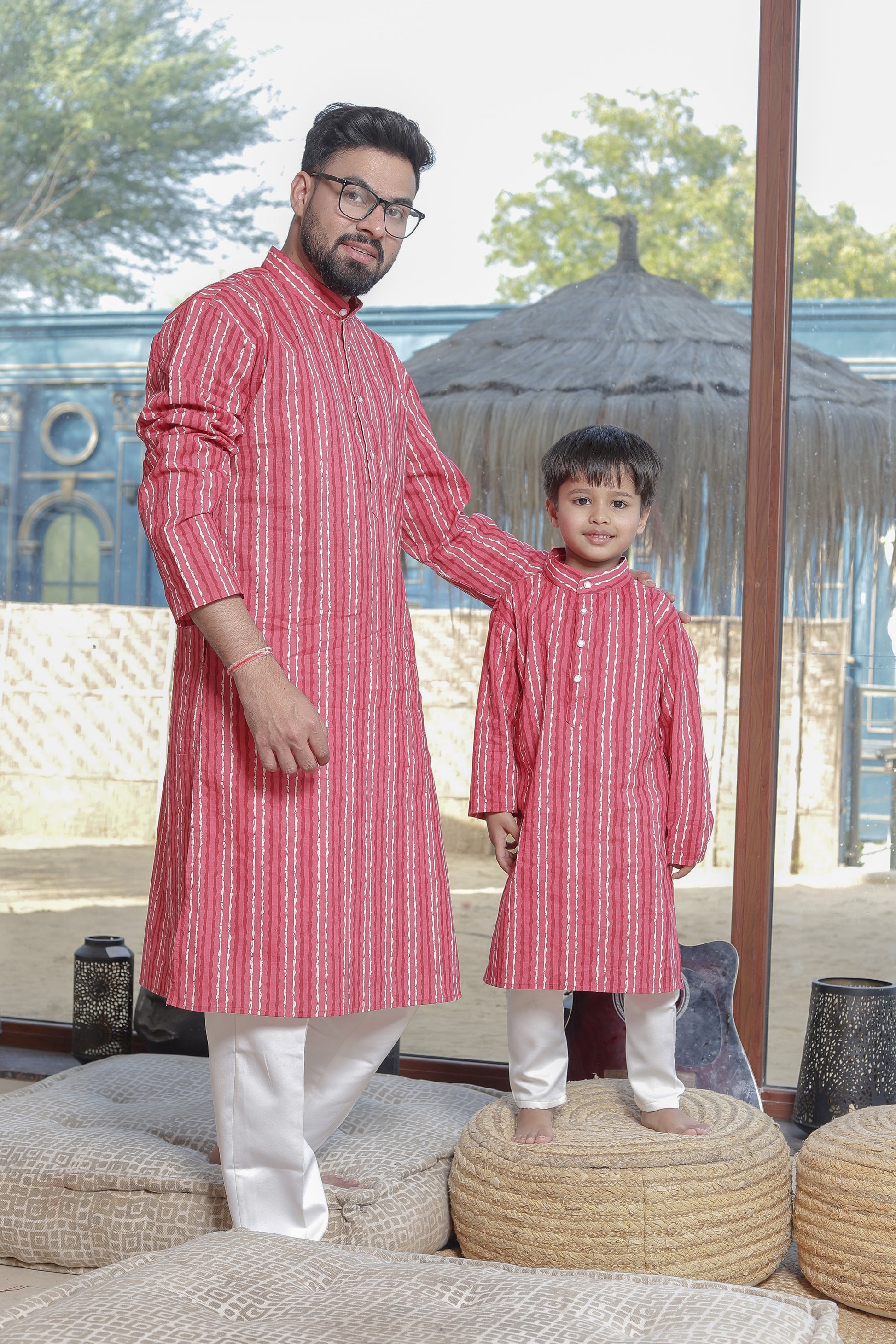 Father-Son Red Striped Kurta Pajama Combo – Matching Ethnic Outfit for Festive Celebrations