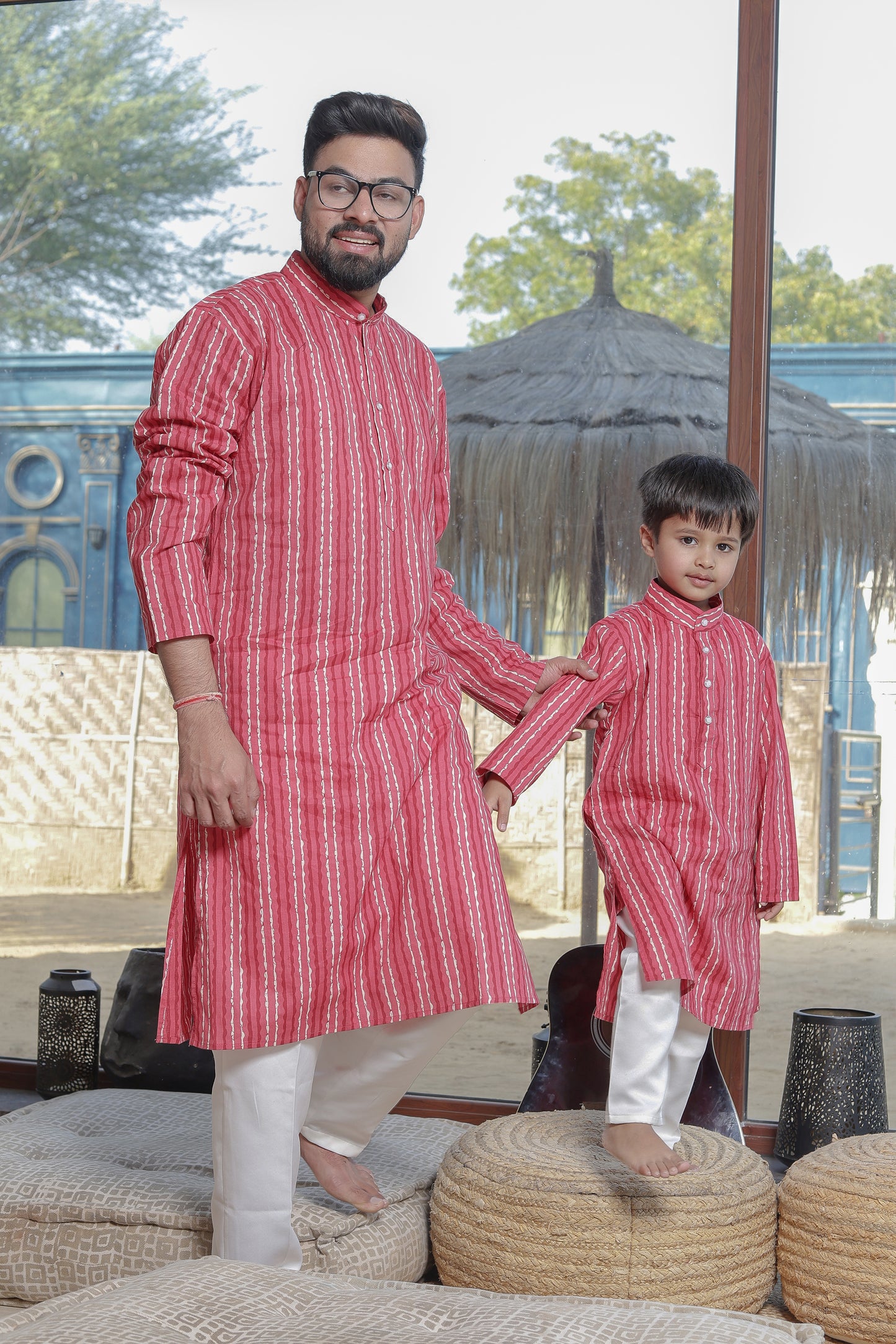Father-Son Red Striped Kurta Pajama Combo Set