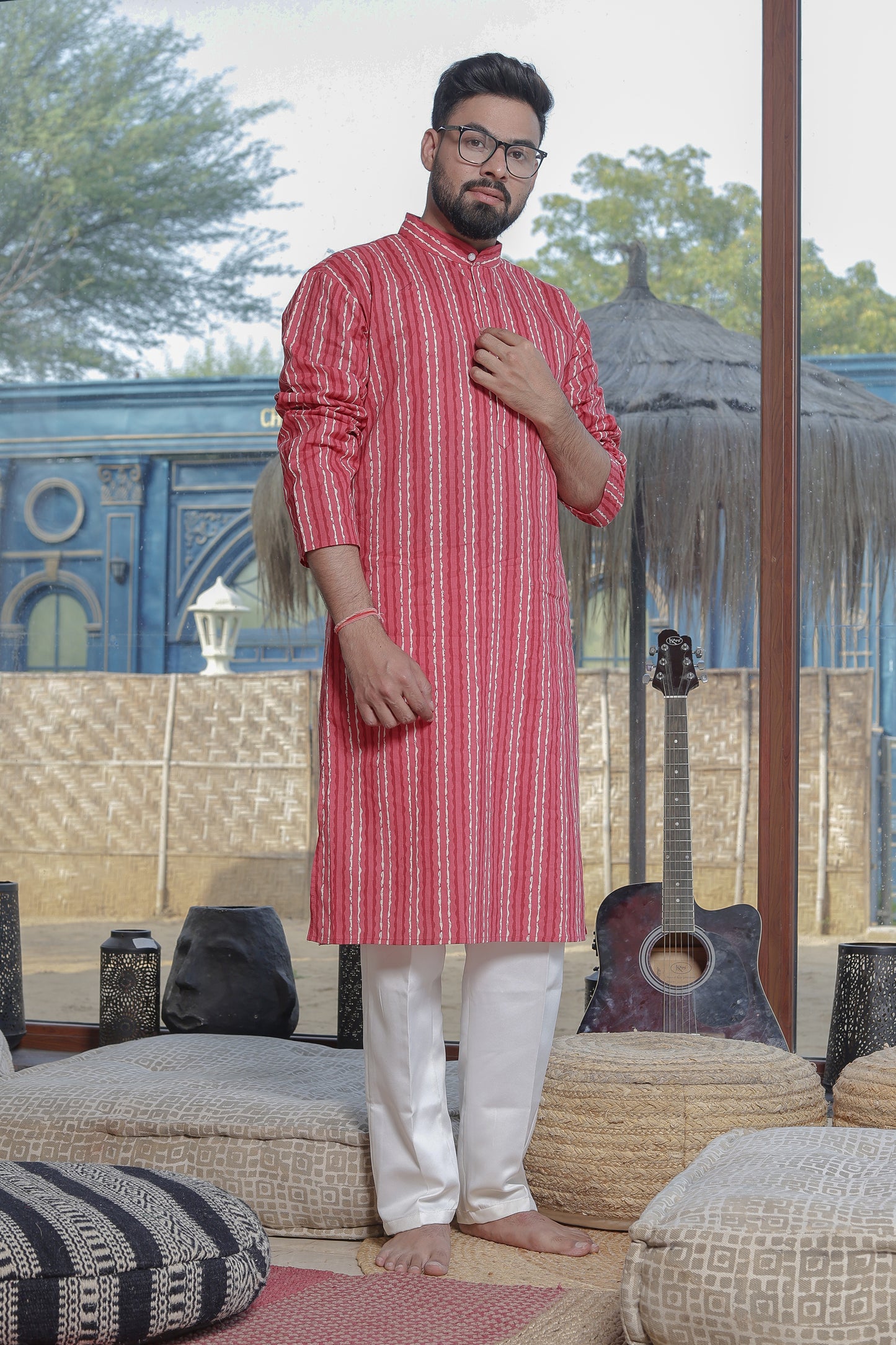 Father-Son Red Striped Kurta Pajama Combo Set