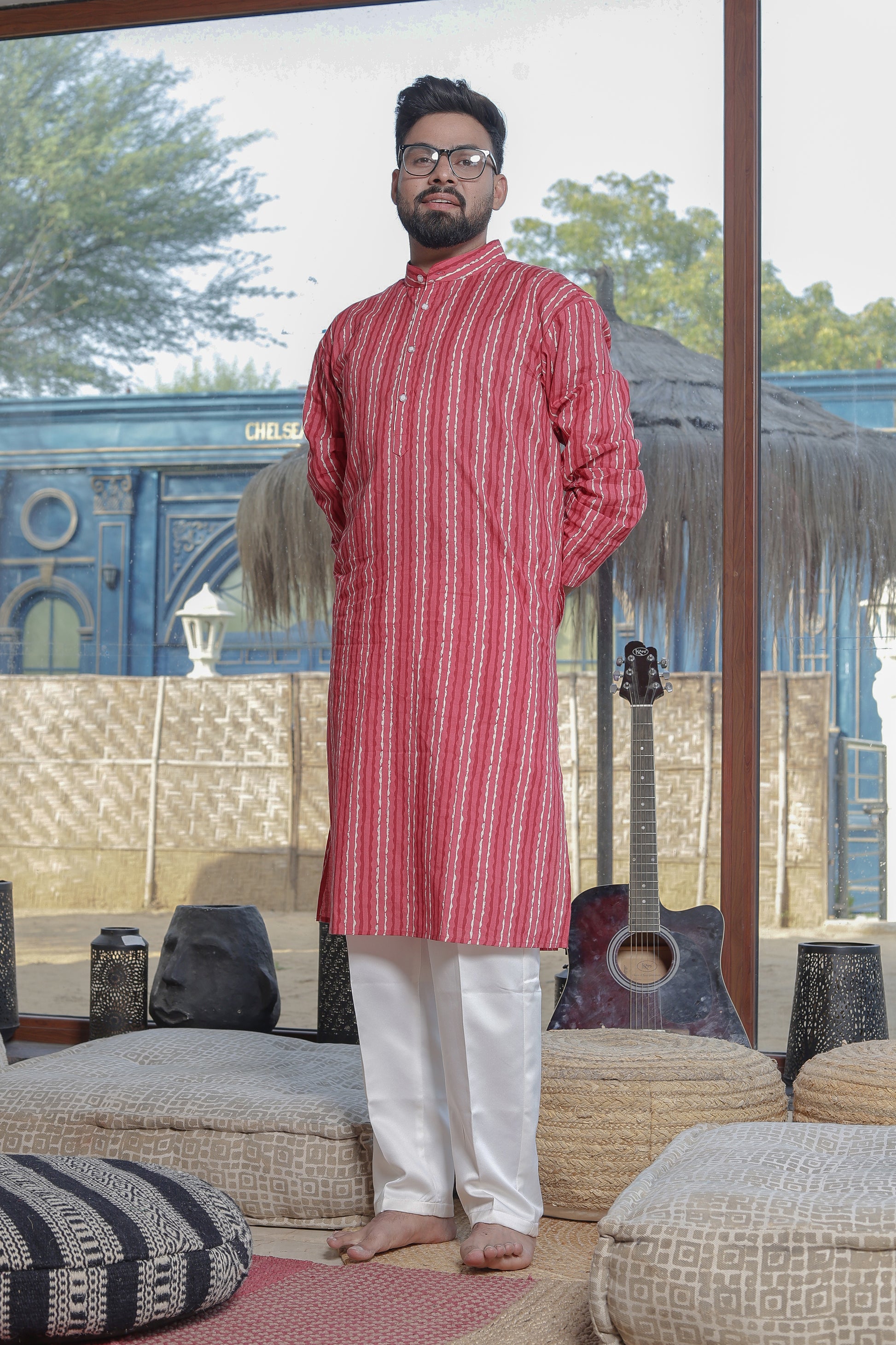 Men’s Red Striped Kurta Pajama Set – Traditional Wear for Diwali, Weddings and pujas.