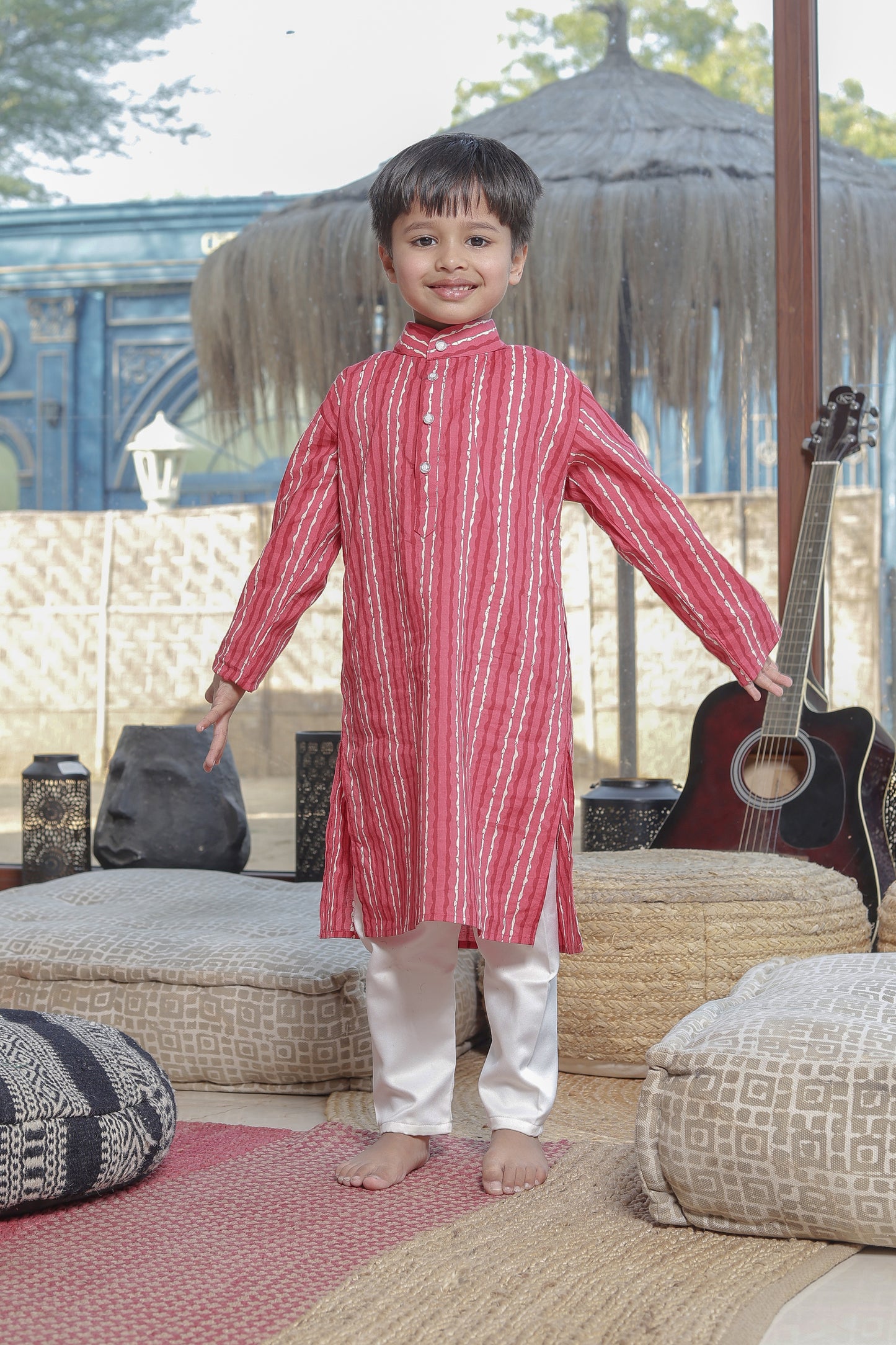 Father-Son Red Striped Kurta Pajama Combo Set