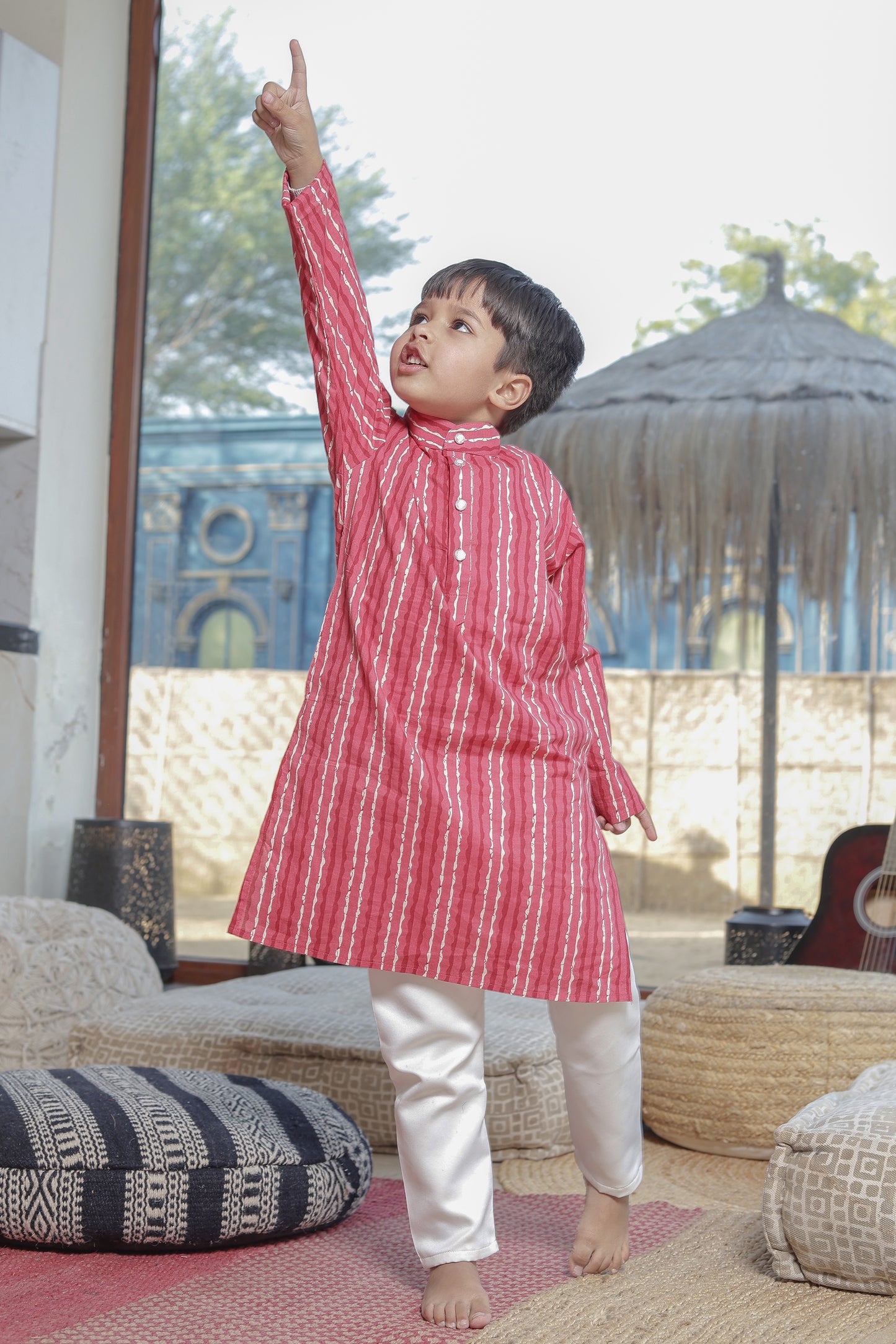 Boy Wearing Red Striped Kurta Pajama – Festive Cotton Outfit for Kids