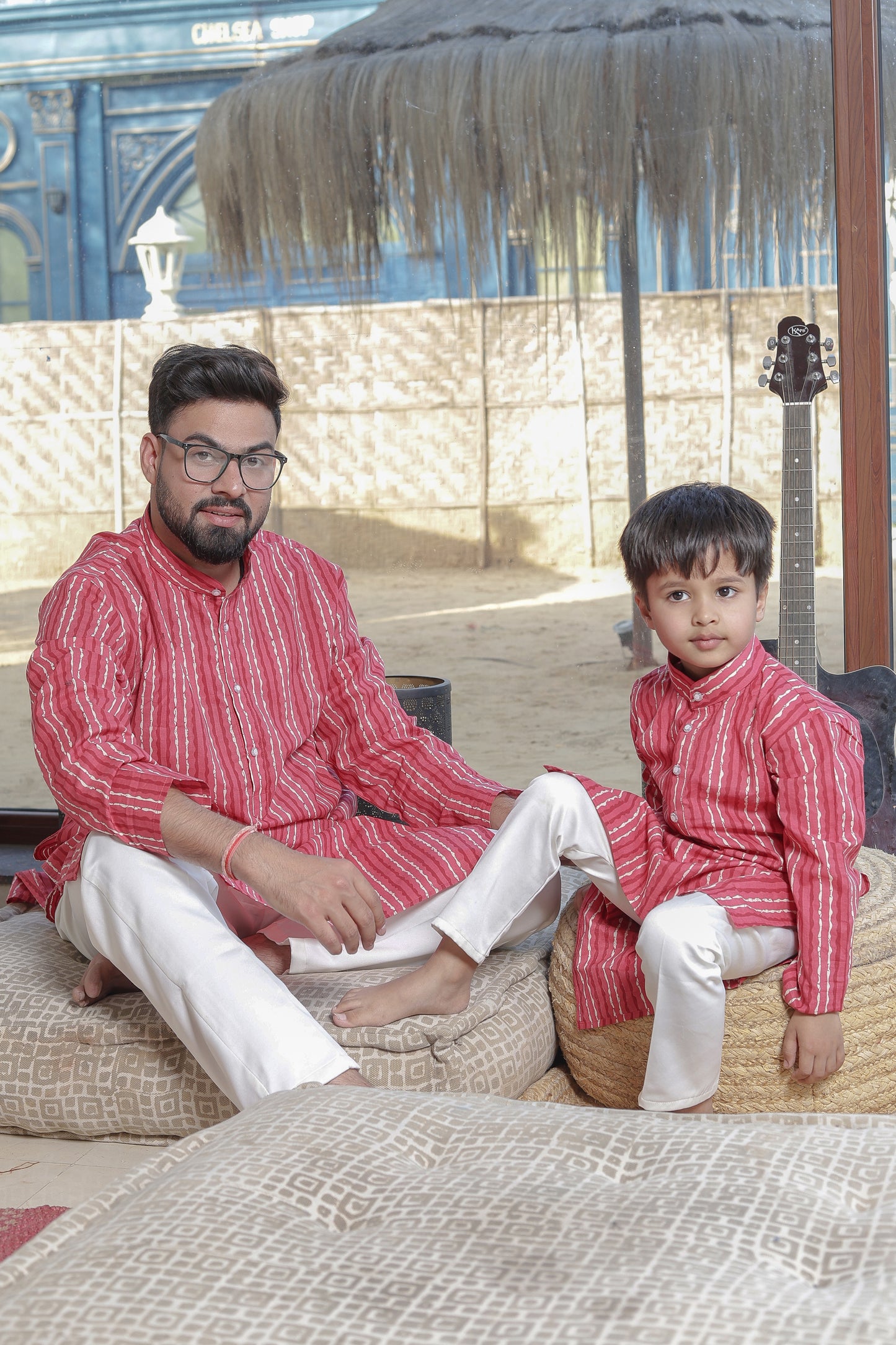 Father-Son Red Striped Kurta Pajama Combo Set