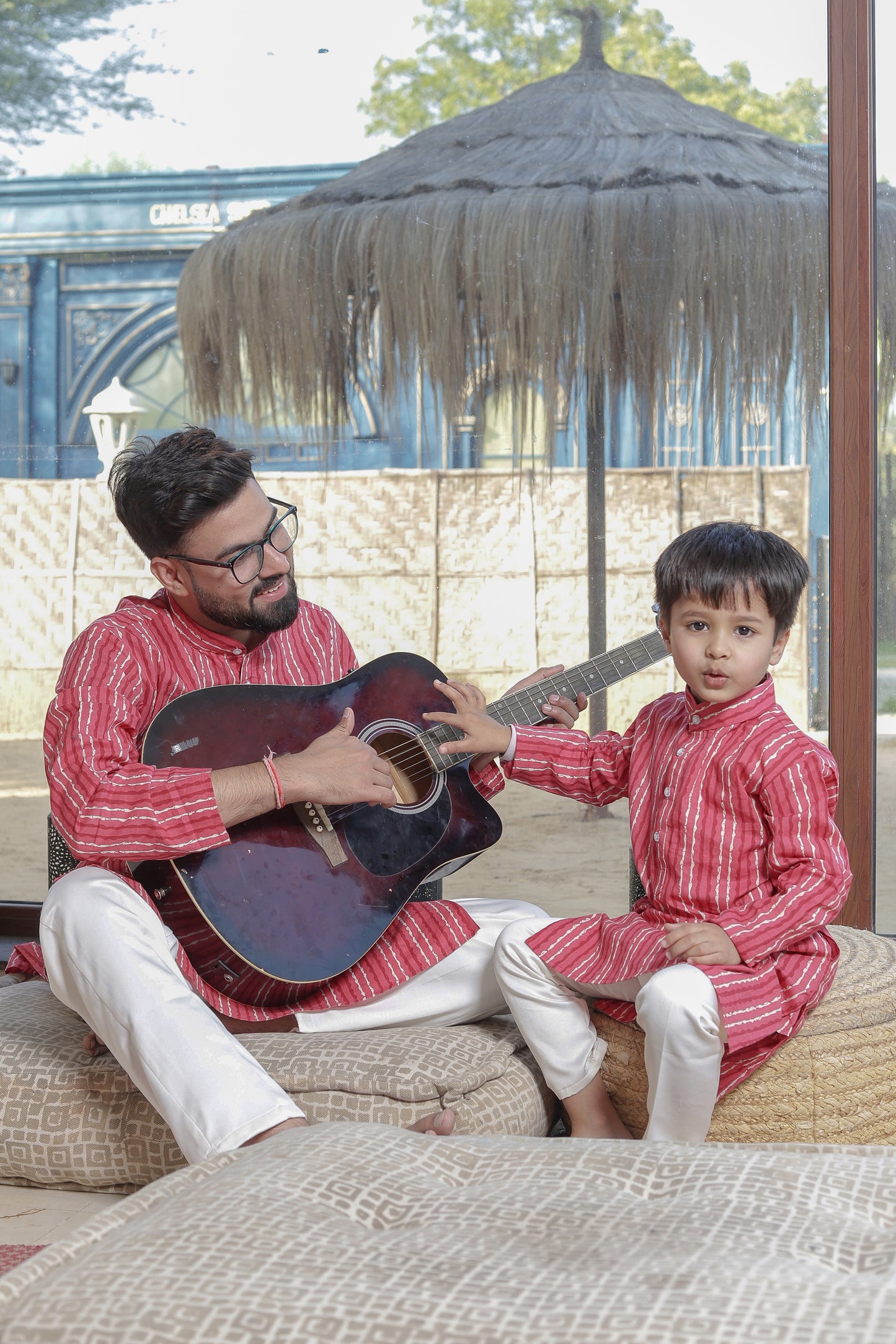 Father-Son Red Striped Kurta Pajama Combo Set
