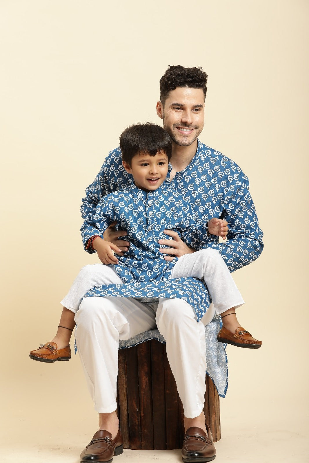 Father-Son Blue Printed Kurta Pajama Combo Set – Matching Ethnic Outfit for Weddings