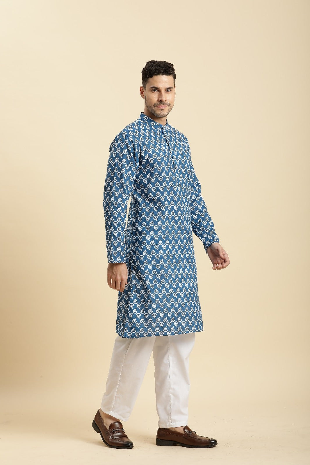 Stylish Blue Printed Kurta Pajama for Men – Festive Indian Wear Online