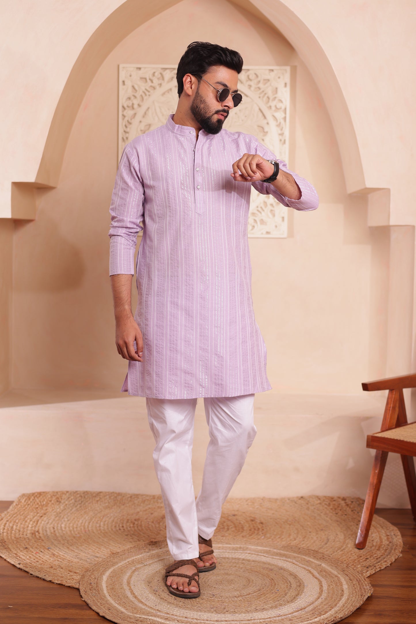 Men’s lilac patterned kurta pajama in premium cotton for weddings and festive wear