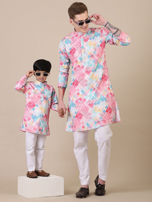 Father-Son Multicolor Kurta Pajama Combo Set – Matching Ethnic Wear for Weddings & Diwali Celebrations.
