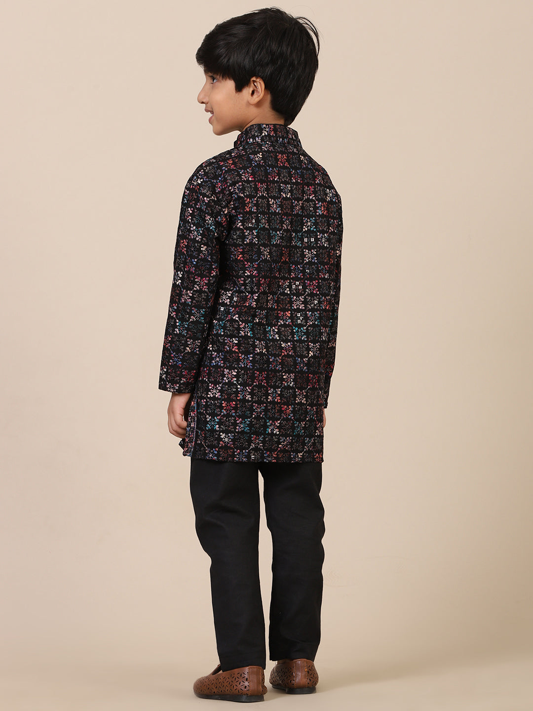 Father-Son Black Multicolor Geometric Kurta Pajama Combo Set