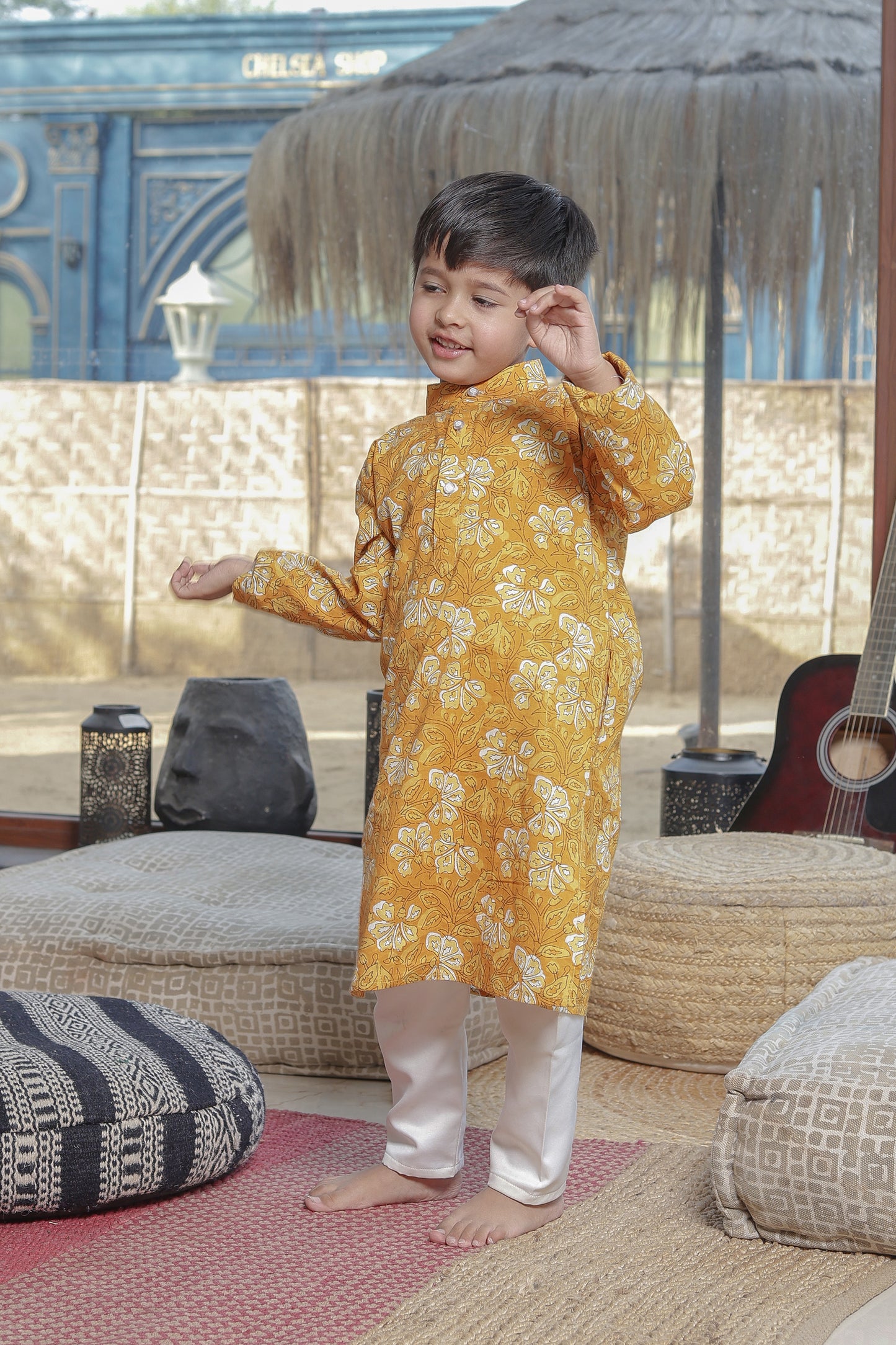 Father-Son Golden Marigold Floral Kurta Pajama Combo Set