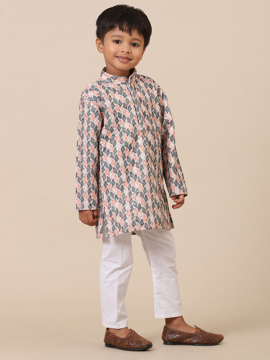 Father-Son Blush Leafy Print Kurta Pajama Combo Set