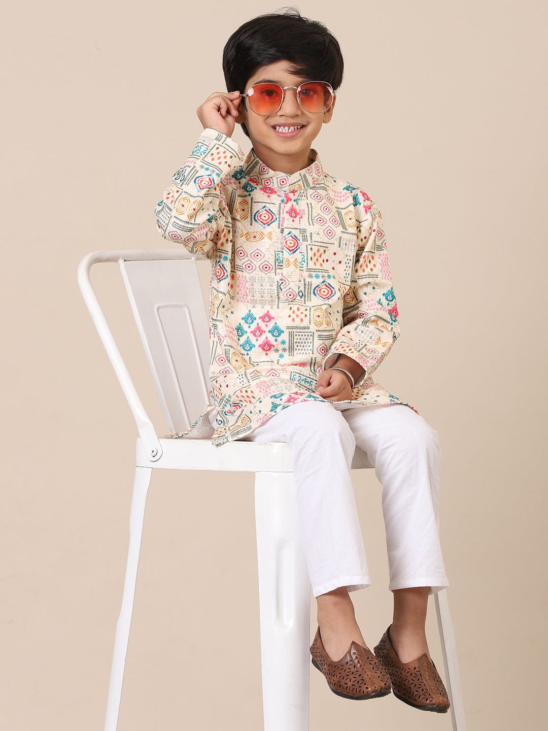 Father-Son White Multicolor Geometric Printed Kurta Pajama Combo Set