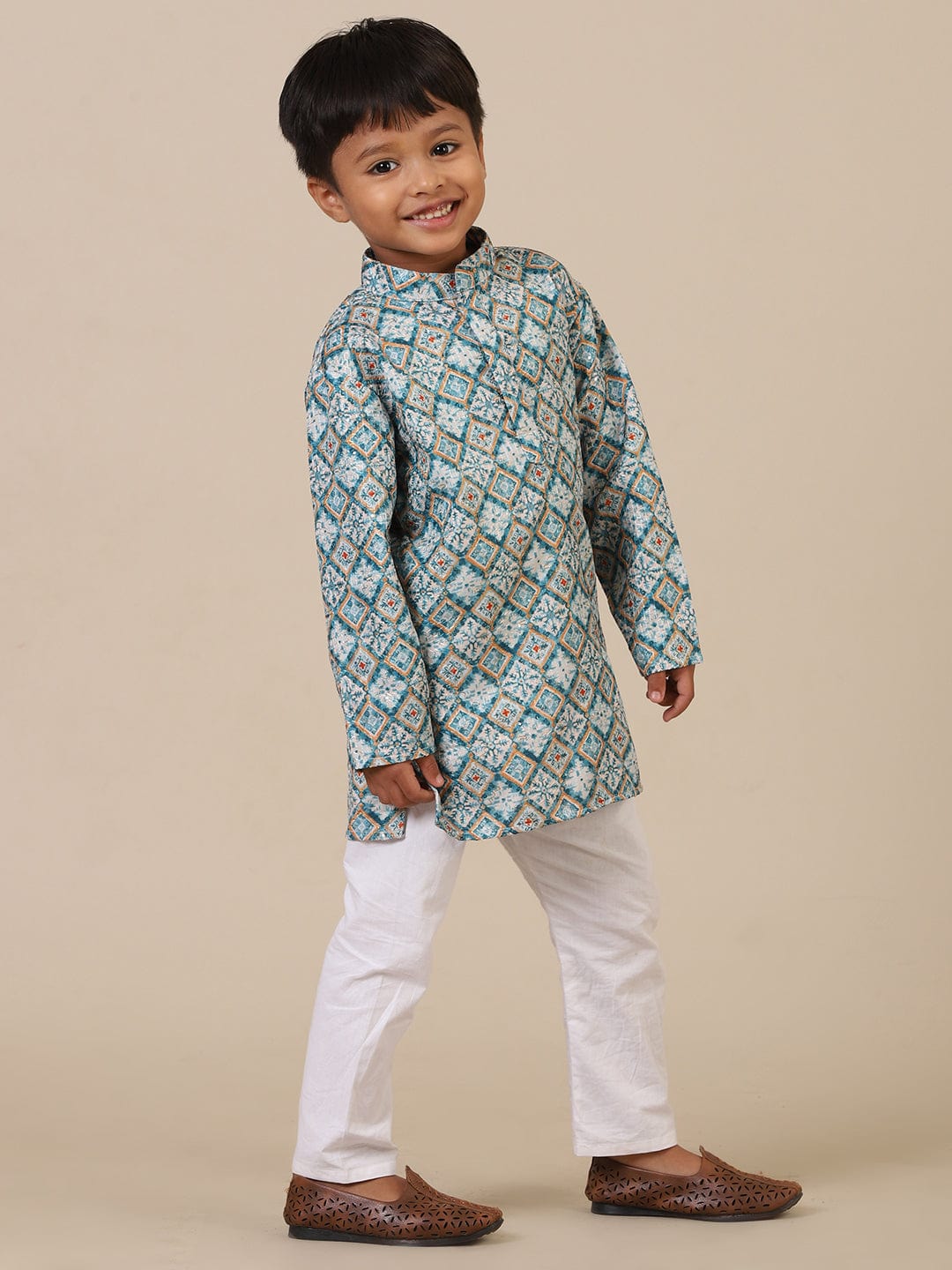 Father-Son Blue Multicolor Geometric Kurta Pajama Combo Set