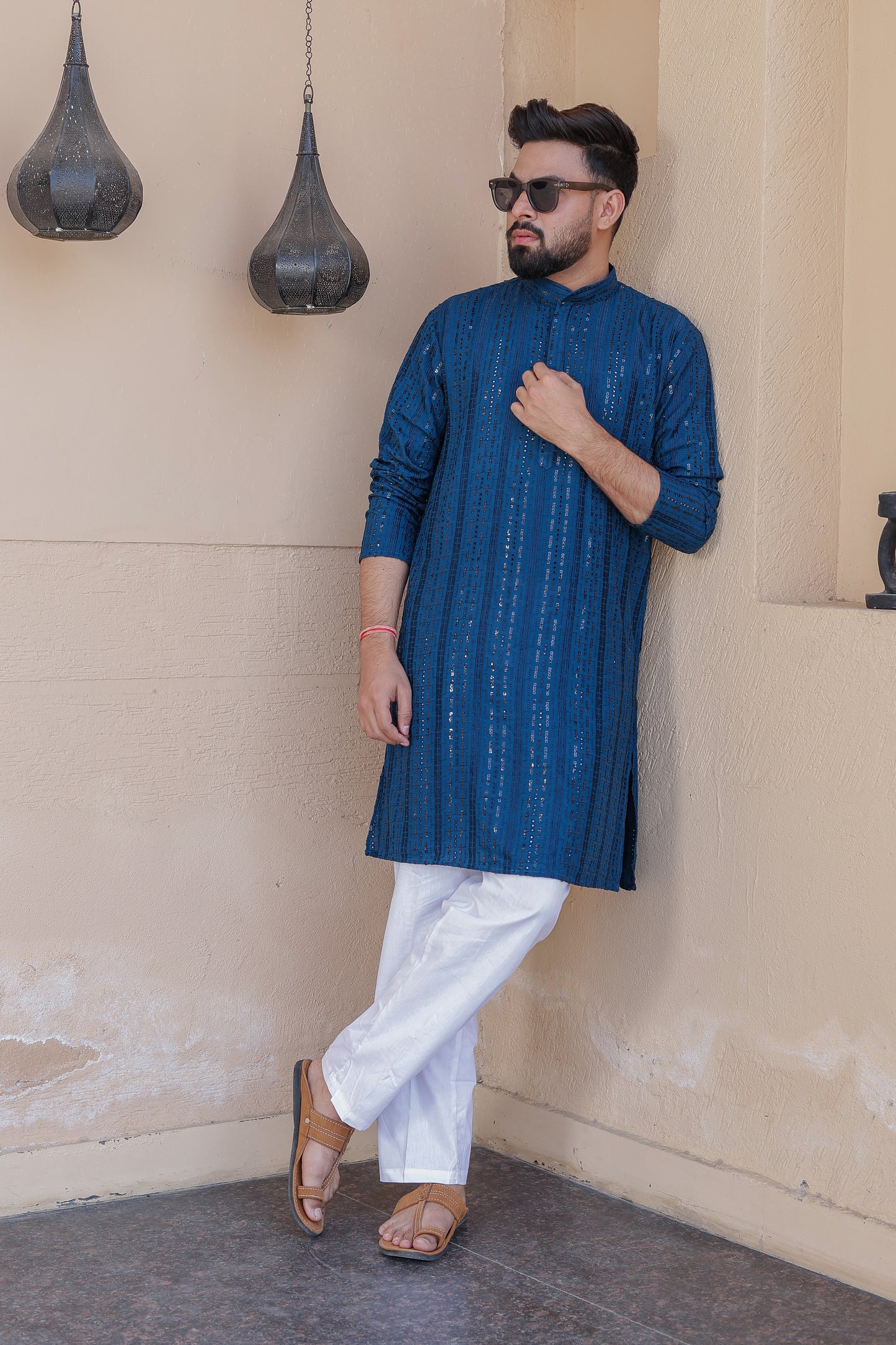 Father-Son Royal Blue Schiffli Kurta Pajama Combo Set