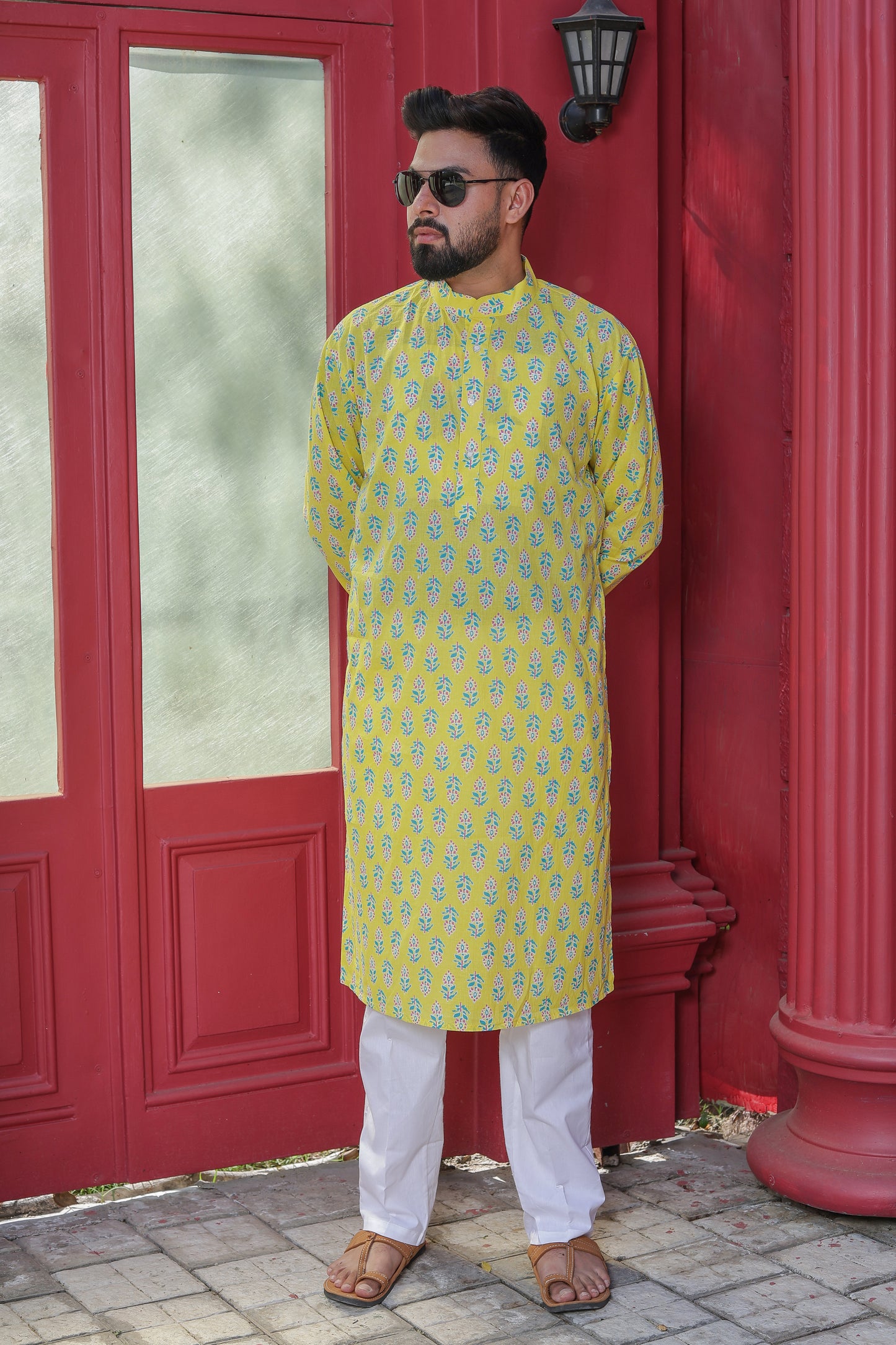 Father-Son Yellow Block Print Kurta Pajama Combo Set