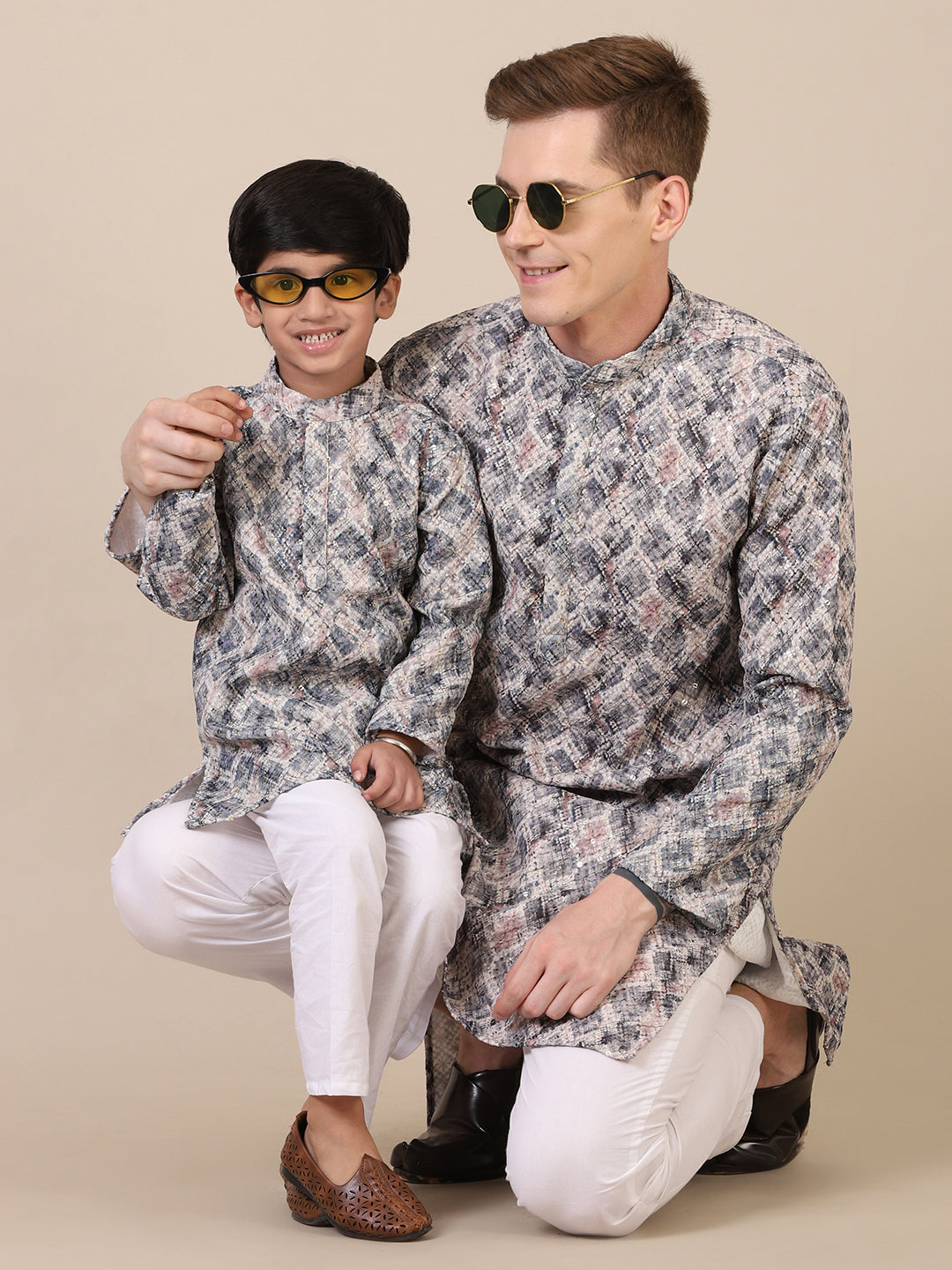 Father-Son Off-White Abstract Print Kurta Pajama Combo Set