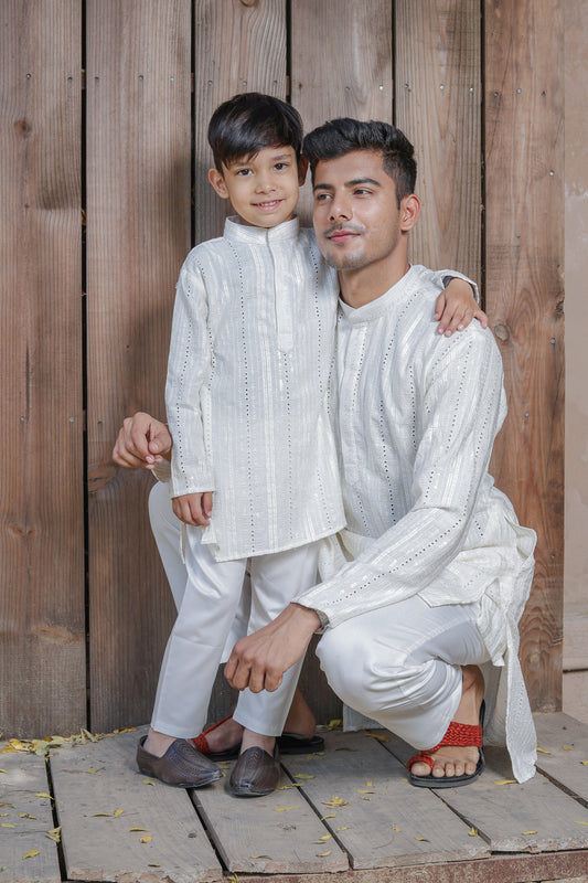 Father-Son White Schiffli Kurta Pajama Combo – Matching Ethnic Wear for Festivals & Weddings