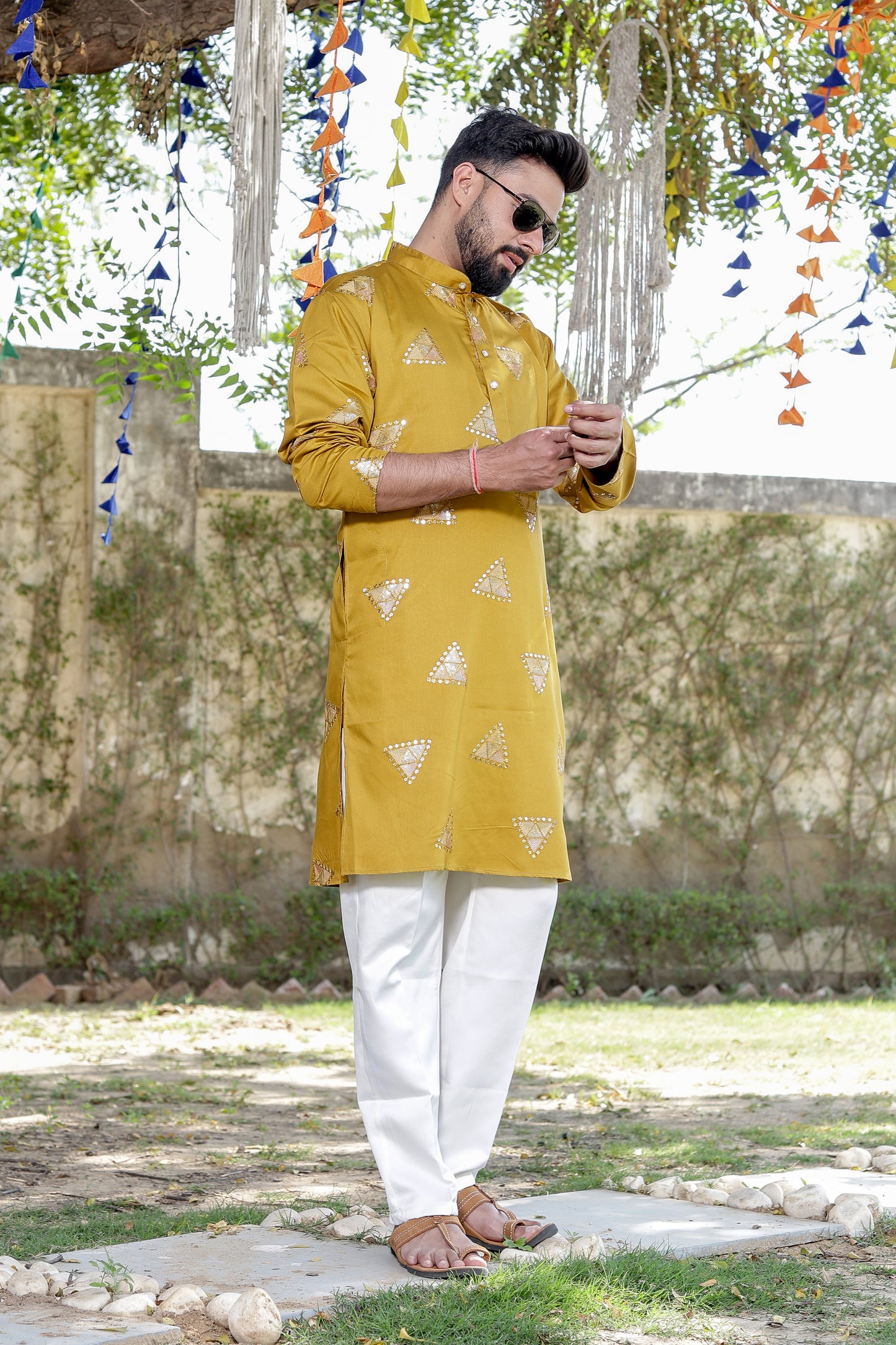 Father-Son Yellow Diamond Pattern Embroidered Kurta Pajama Combo Set