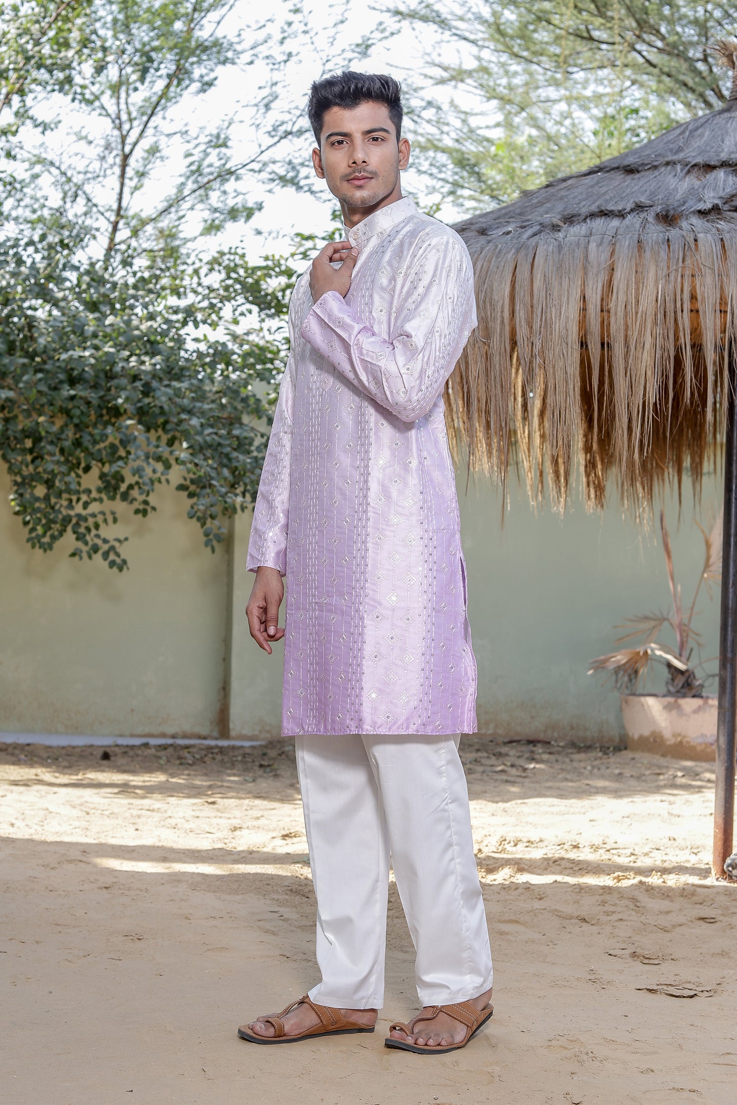 Men Mauve Tie & Dye Ombre Kurta Pajama Combo Set