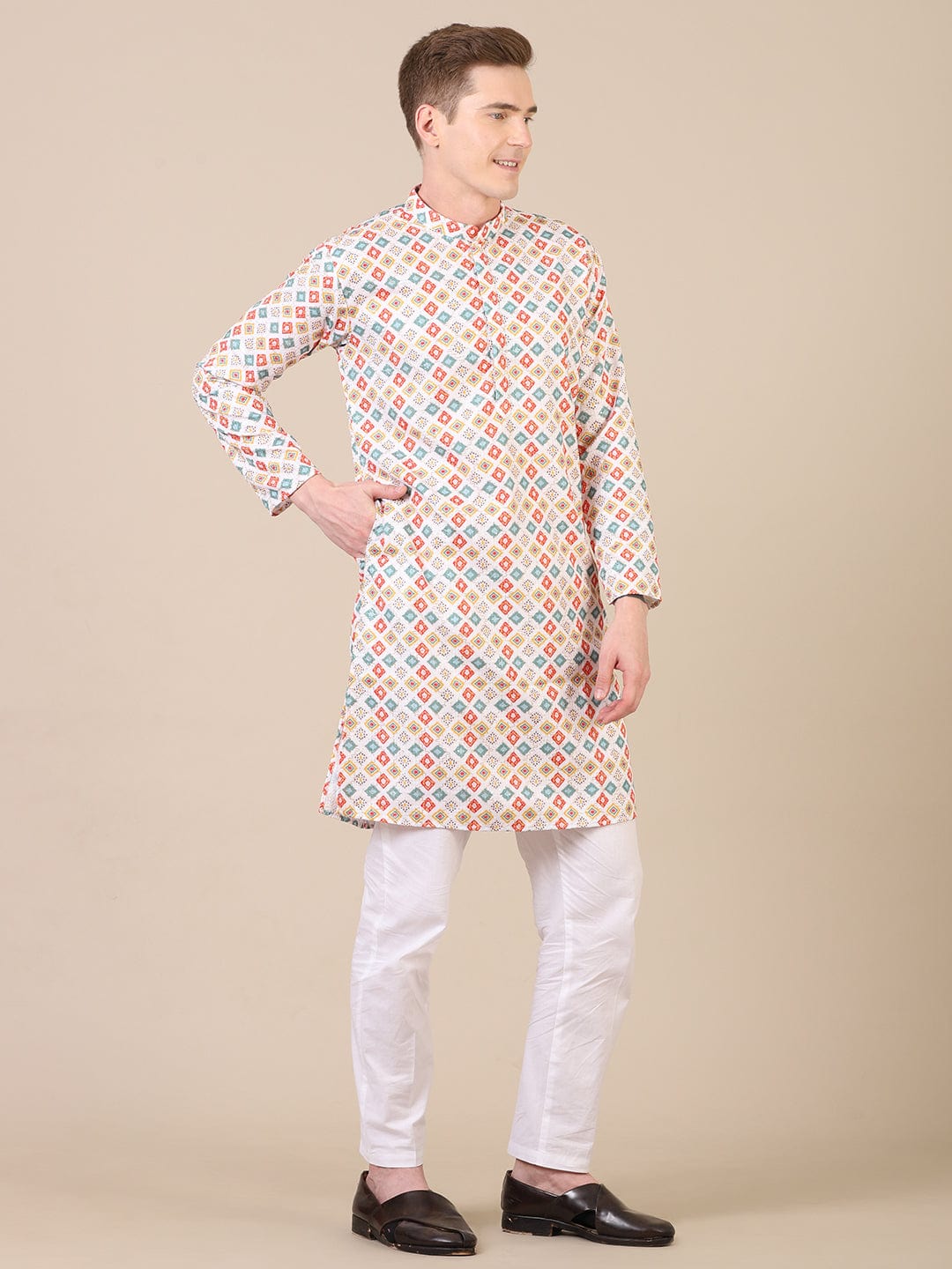 Father-Son White Multicolor Geometric Print Kurta Pajama Combo Set