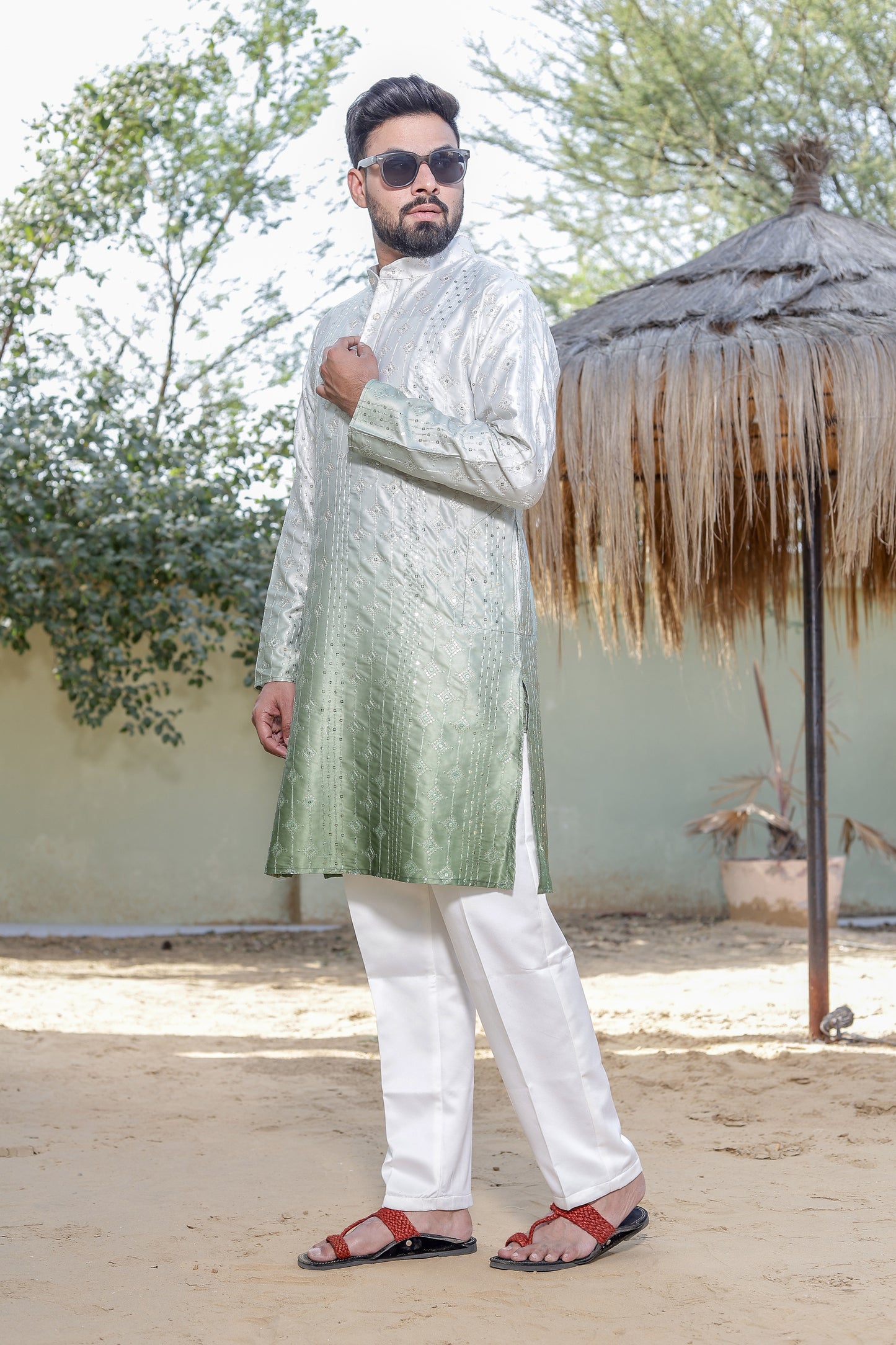 Men Green Tie & Dye Ombre Kurta Pajama Combo Set