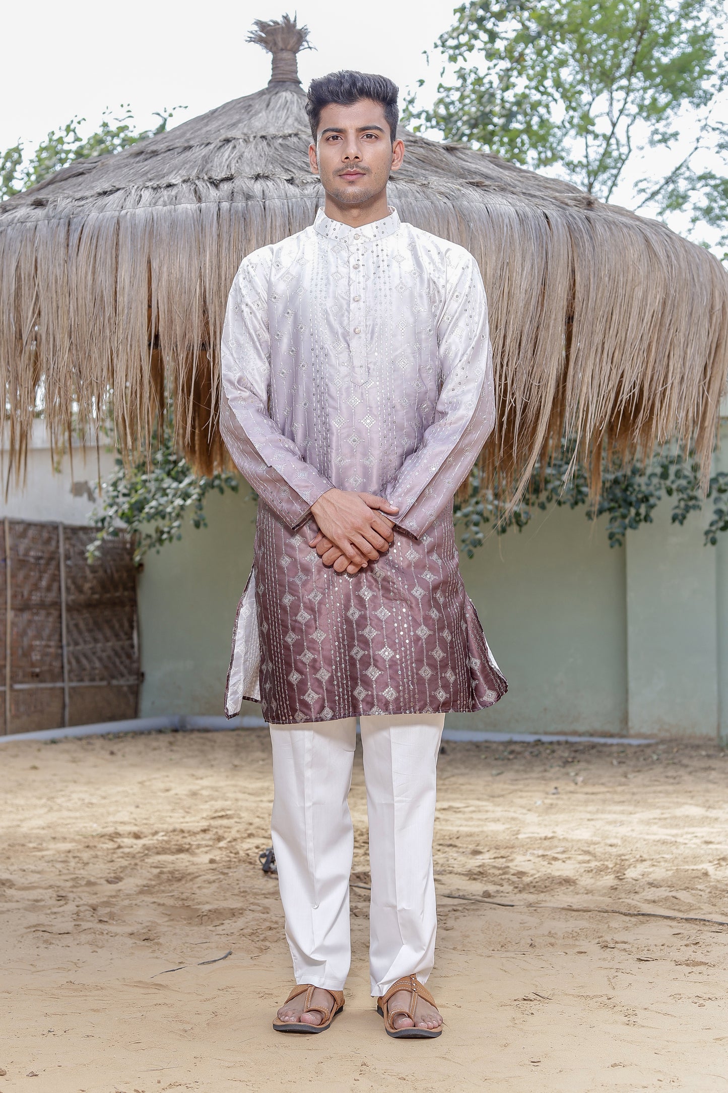 Men Brown Ombre Jacquard Kurta Pajama Combo set
