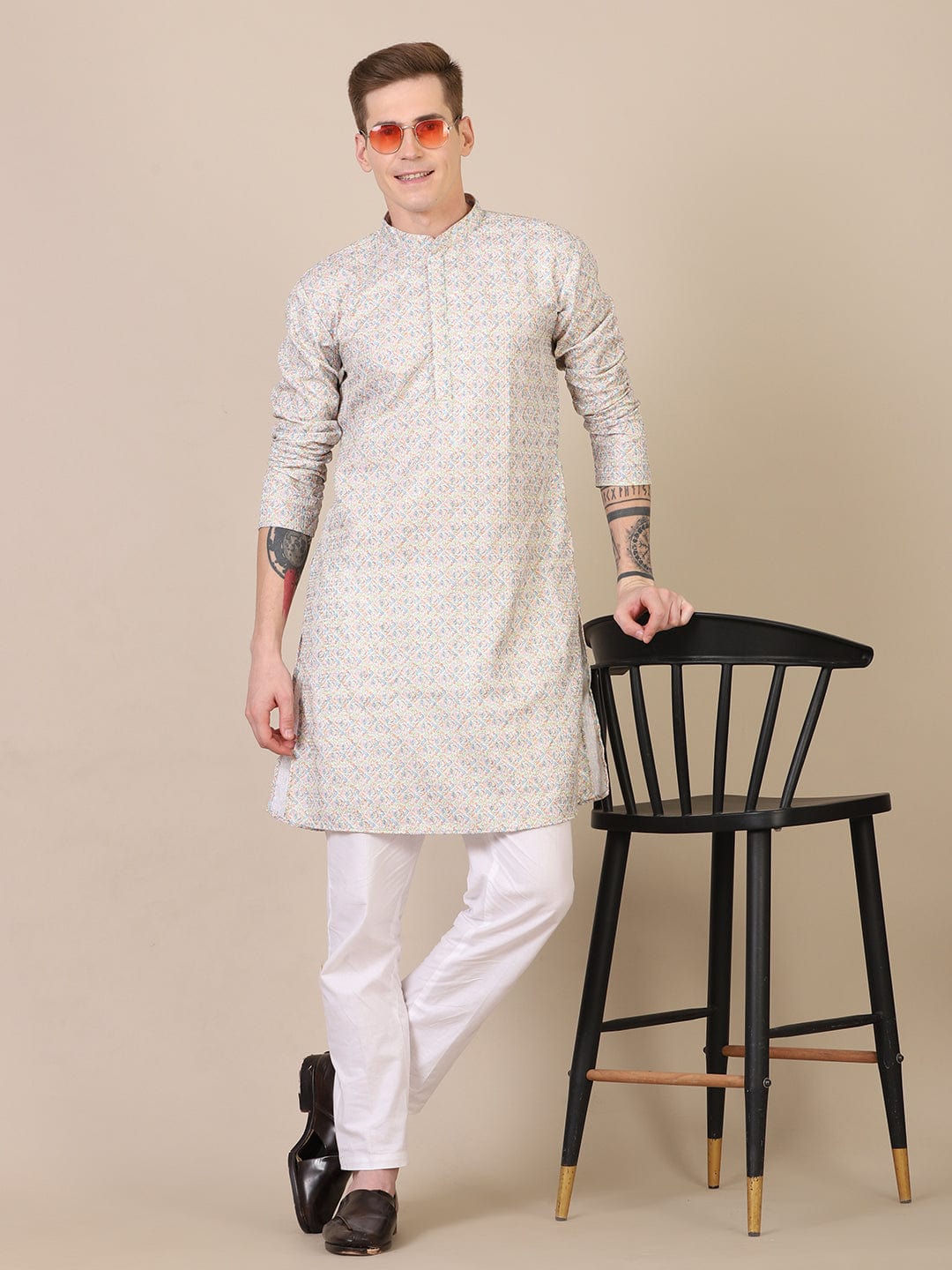 Father-Son White Multicolor Geometric Print Kurta Pajama Combo Set