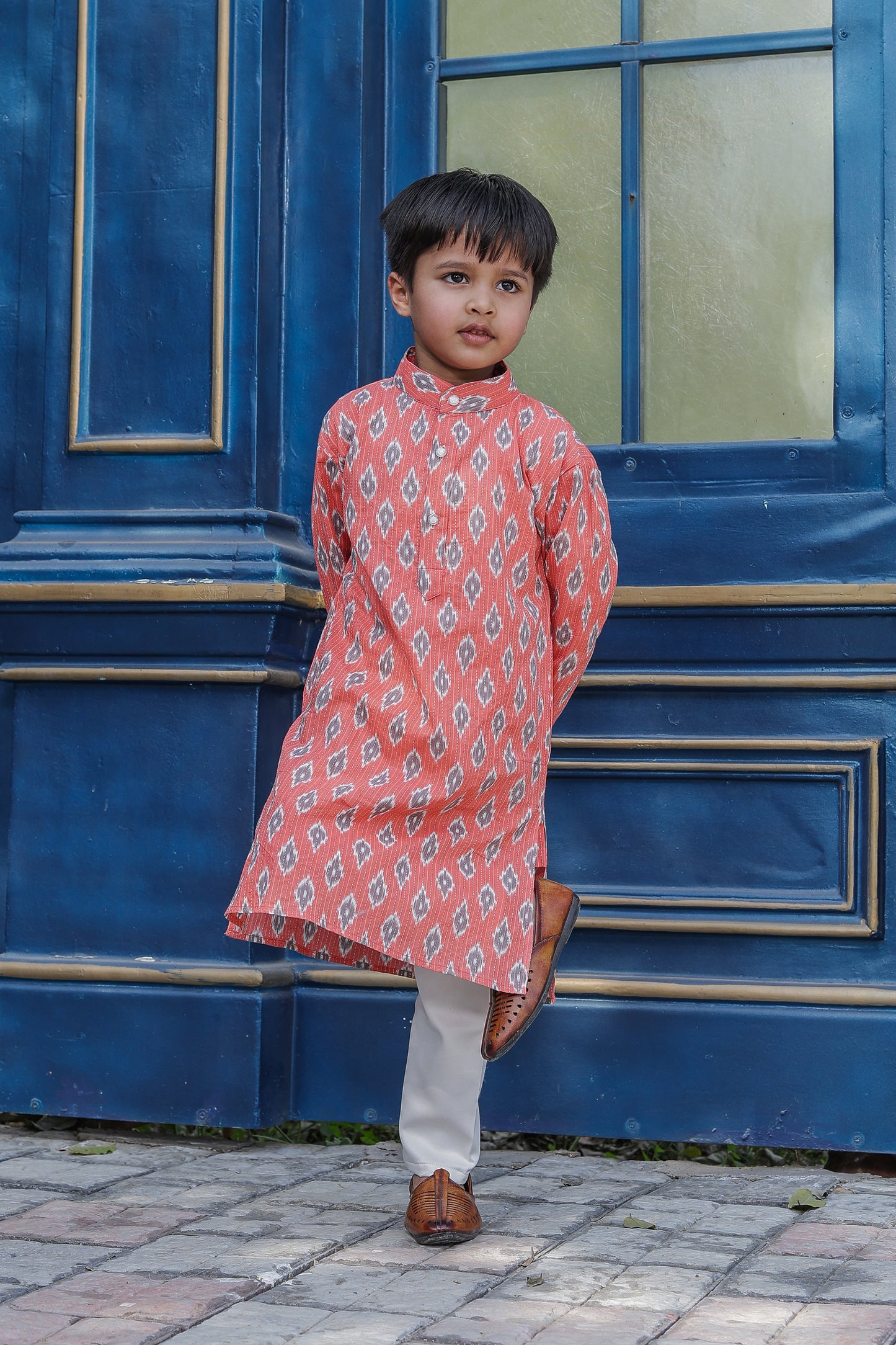 Father-Son Peach Ikkat Print Kurta Pajama Combo set