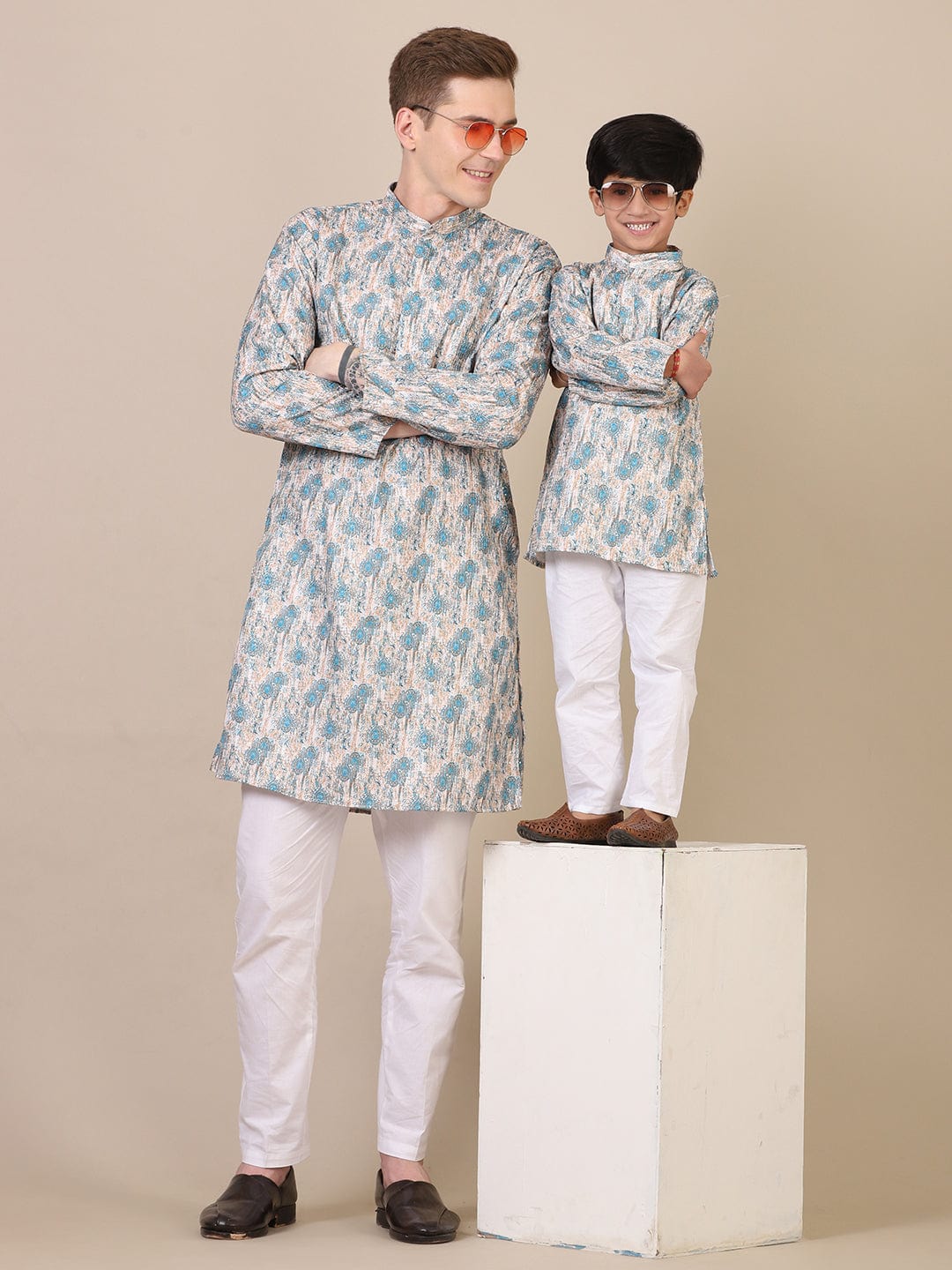Soft Pastel Ethnic Wear Set for Father-Son Duo – Kurta Pajama Combo